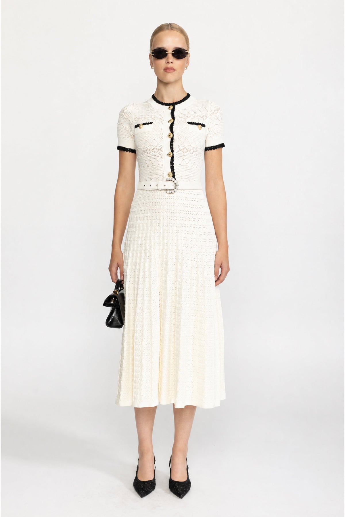 Eugénie Ivoire Pointelle Knit Belted Midi Dress