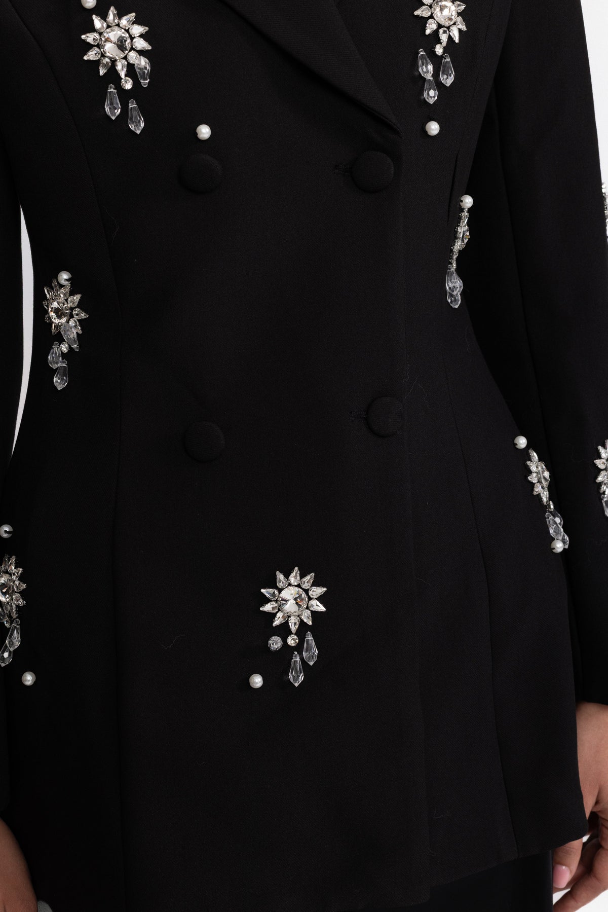 Lison Black Crystal Brooch Embellished Double-Breasted Blazer