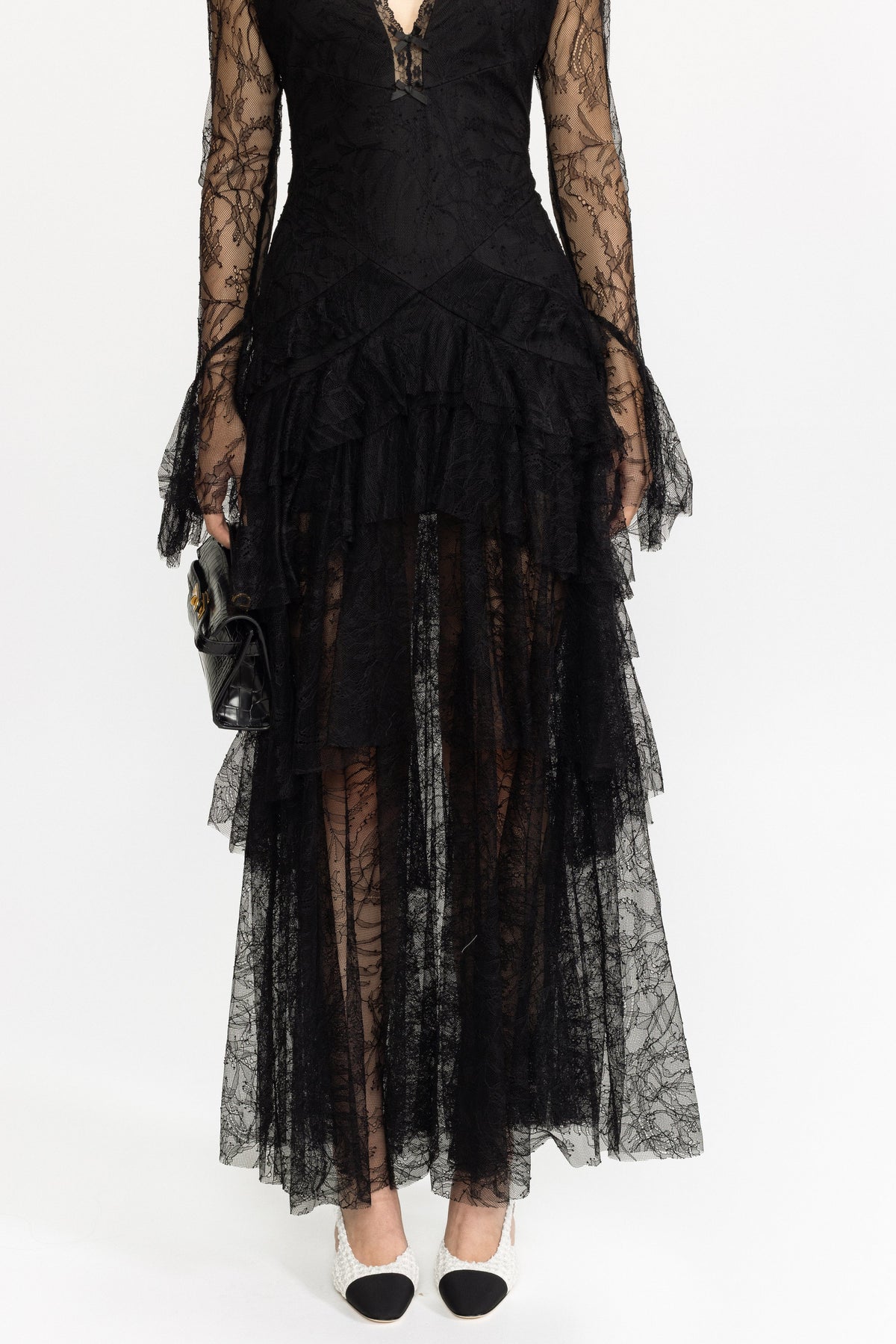 Ophélie Black Chantilly Lace Tiered Maxi Dress