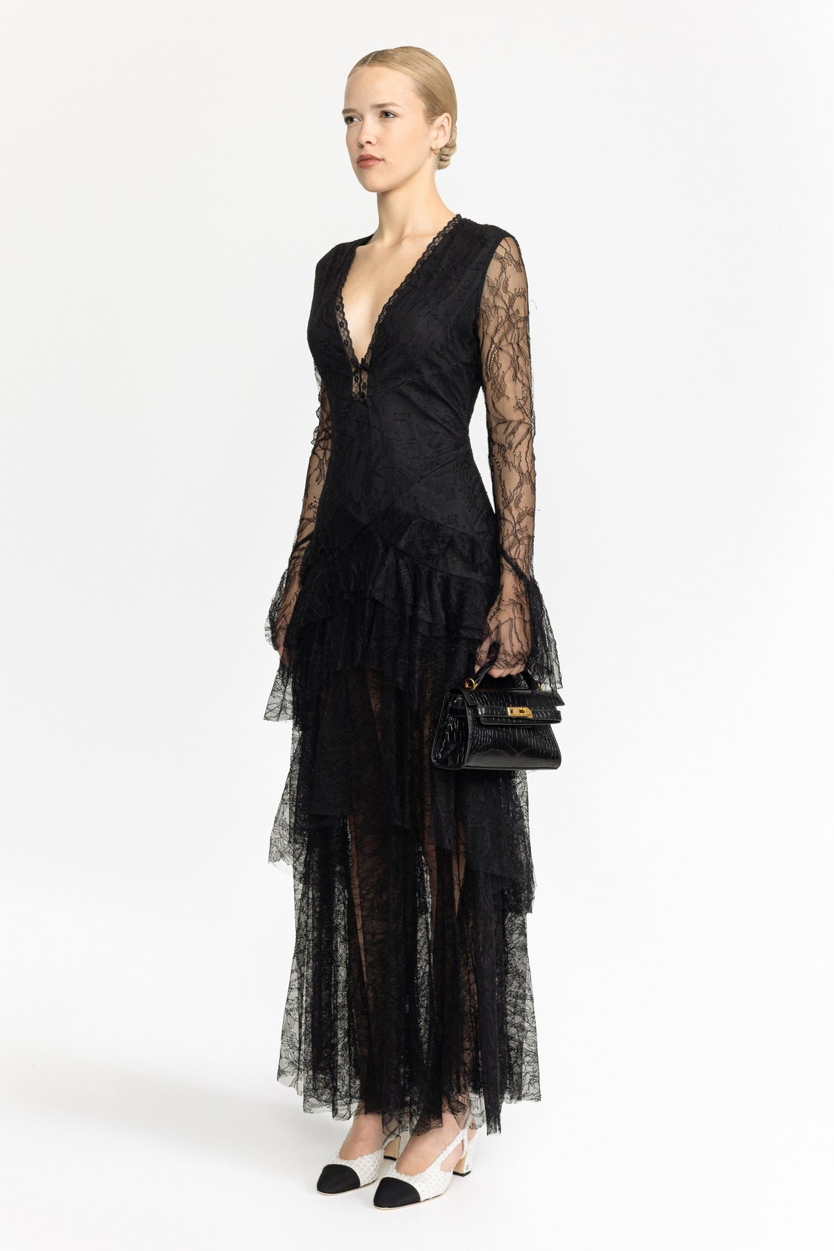 Ophélie Black Chantilly Lace Tiered Maxi Dress