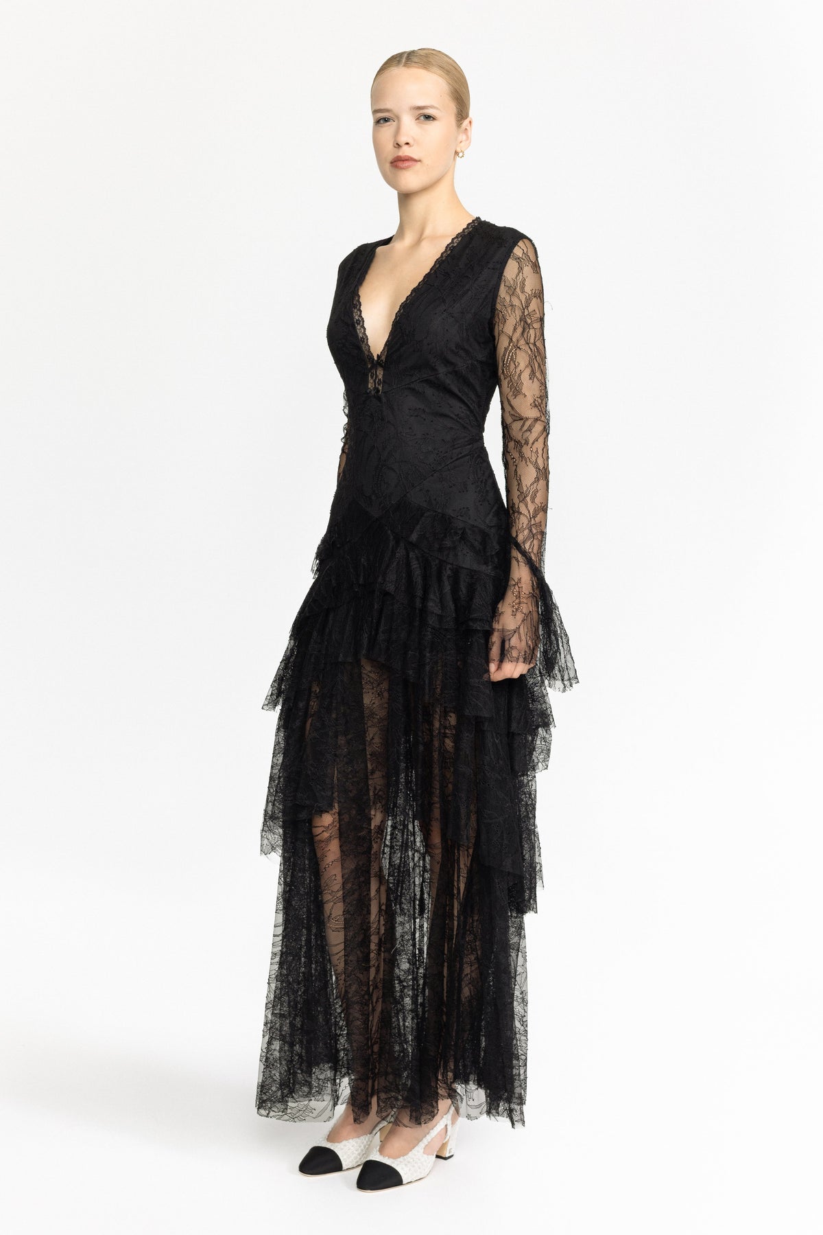 Ophélie Black Chantilly Lace Tiered Maxi Dress