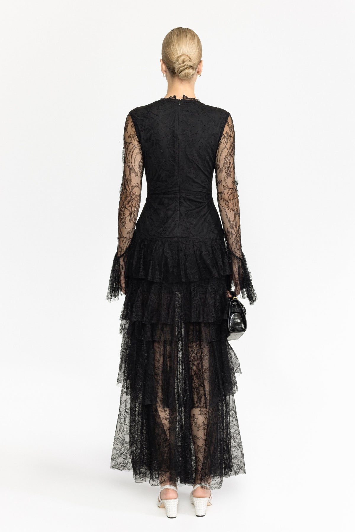 Ophélie Black Chantilly Lace Tiered Maxi Dress