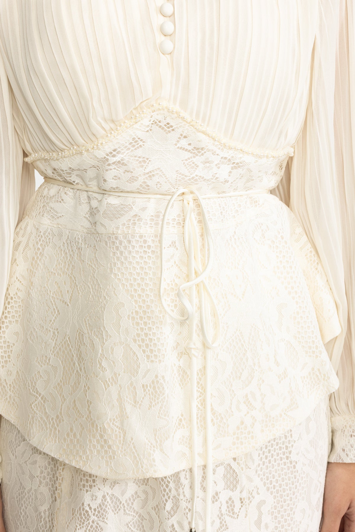 Rosalind Ivoire Pleated Chiffon Lace Peplum Blouse and Maxi Skirt Set