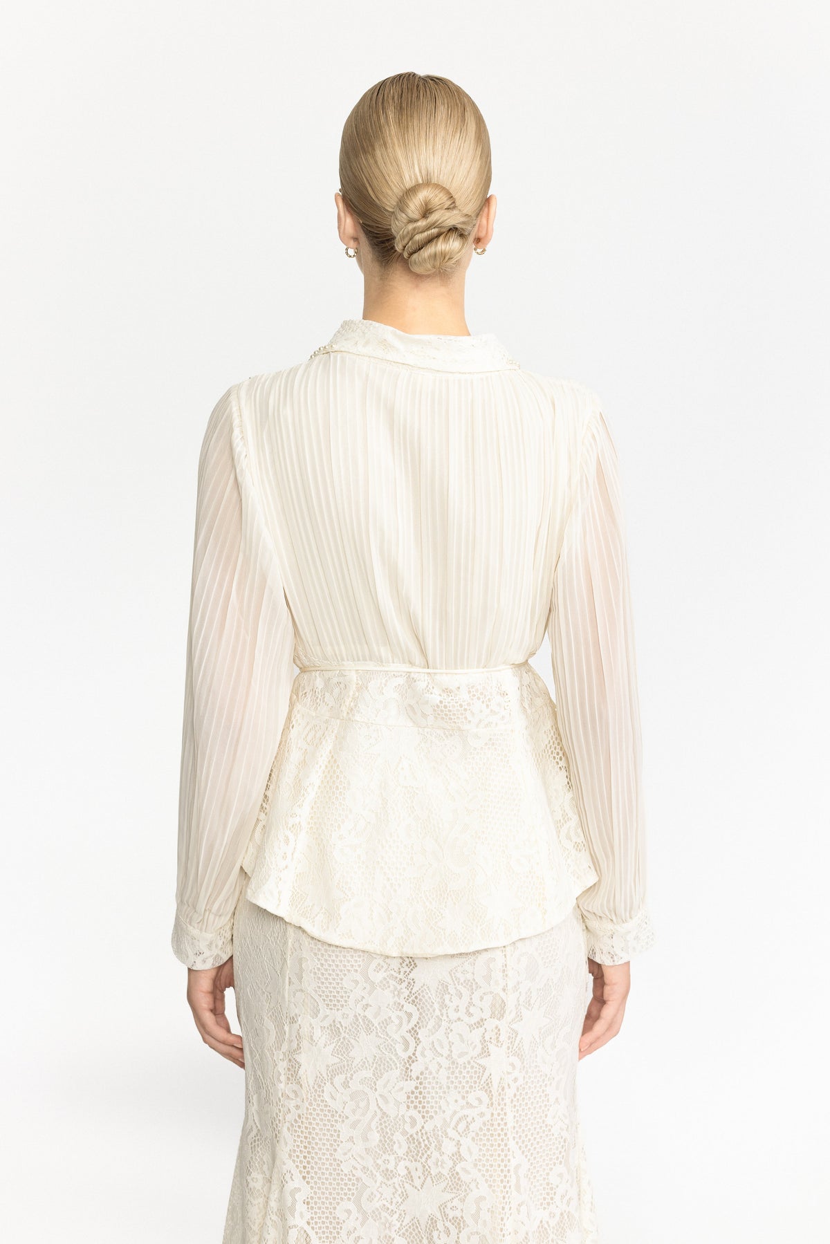 Rosalind Ivoire Pleated Chiffon Lace Peplum Blouse and Maxi Skirt Set