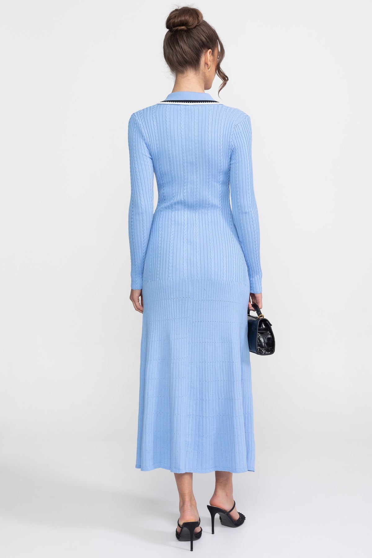 Georgiana Blue Long Sleeve Knit Midi Dress With Polo Collar And Monogram Patch