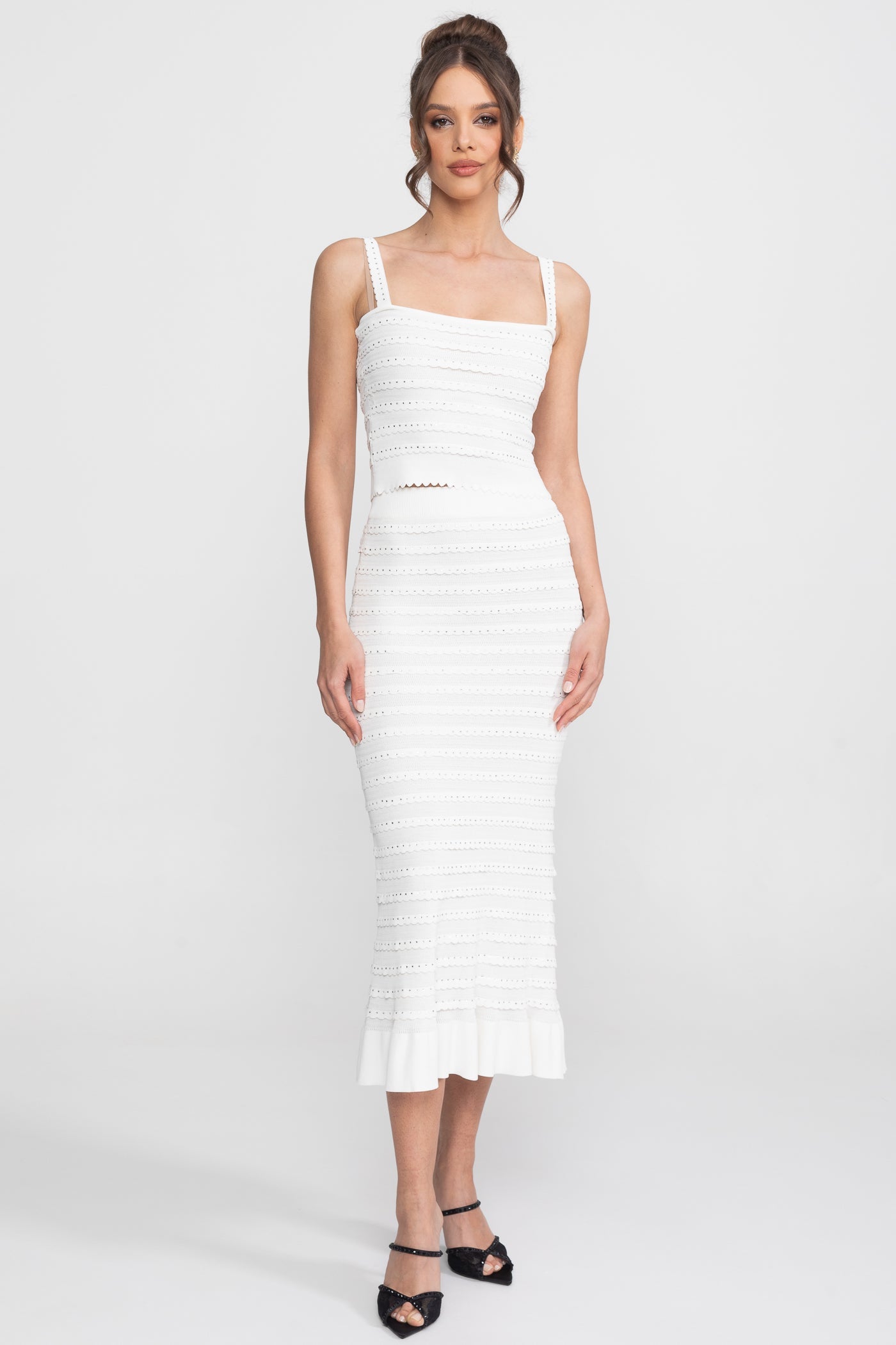 Textured Knit 3 Piece Set With Blazer, Top And Midi Skirt - White