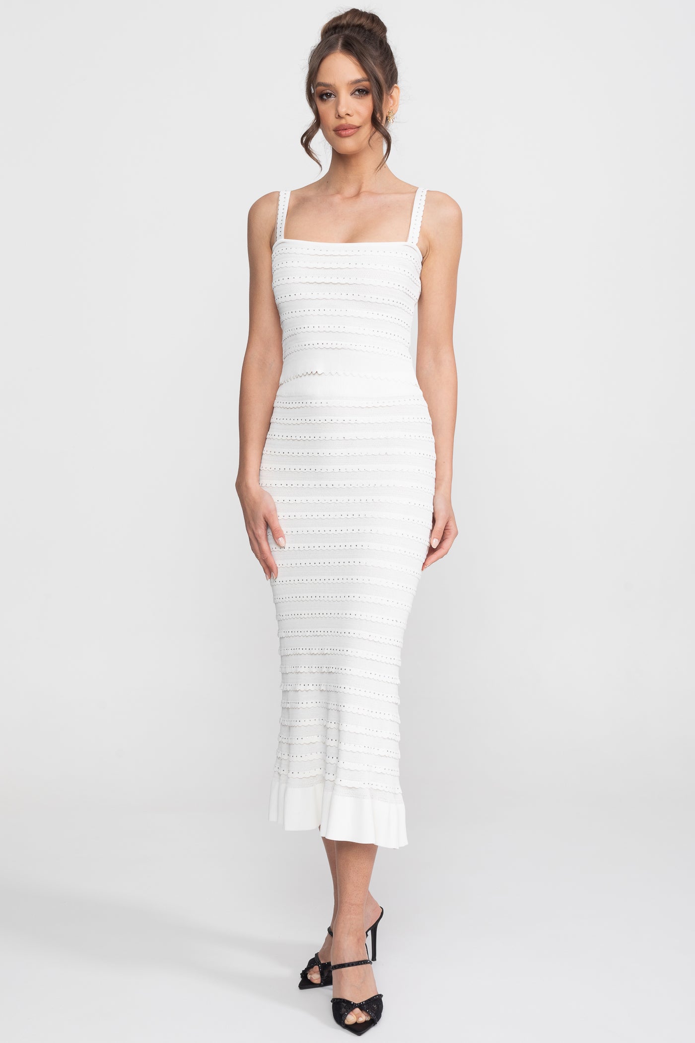 Textured Knit 3 Piece Set With Blazer, Top And Midi Skirt - White