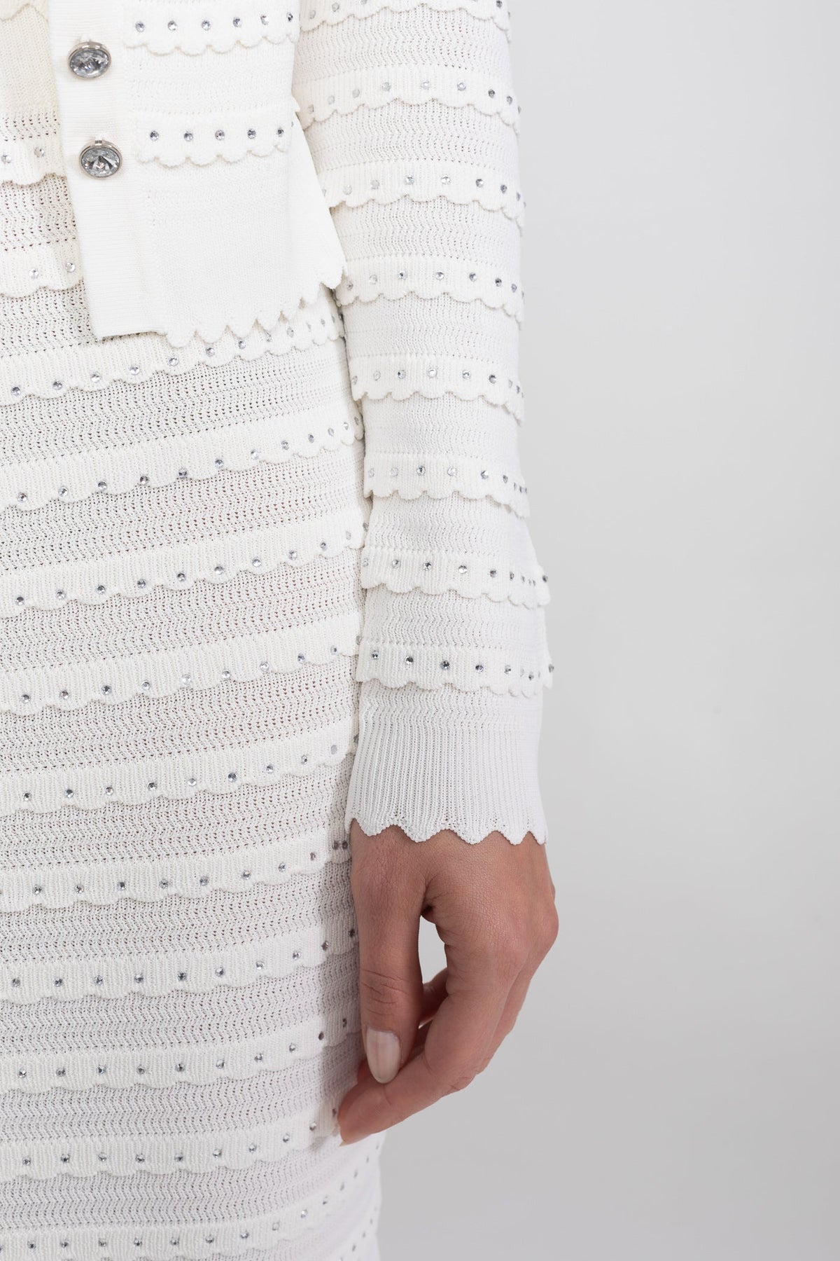 Fiorella White Textured Knit 3 Piece Set With Blazer, Top And Midi Skirt