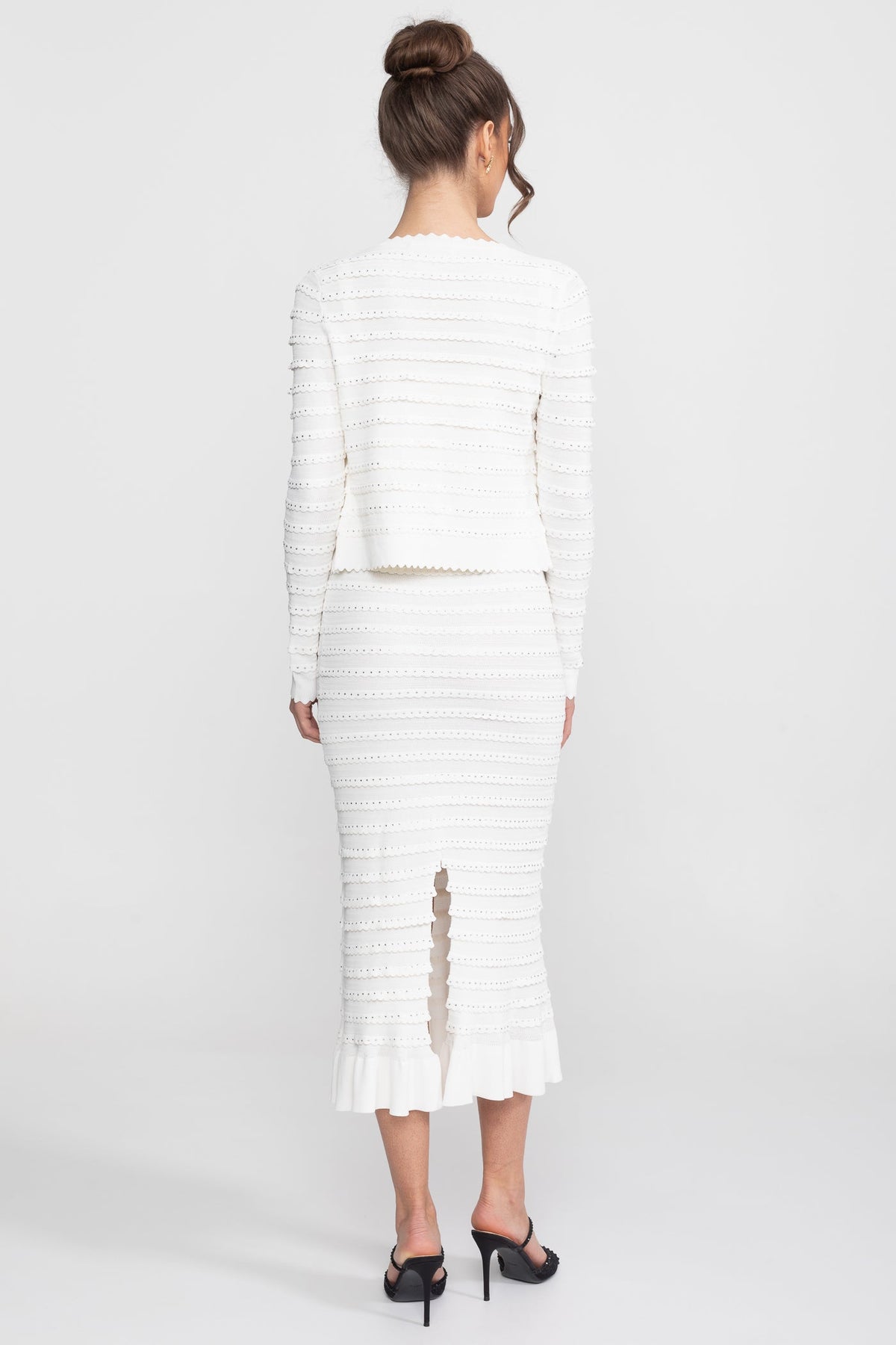 Fiorella White Textured Knit 3 Piece Set With Blazer, Top And Midi Skirt