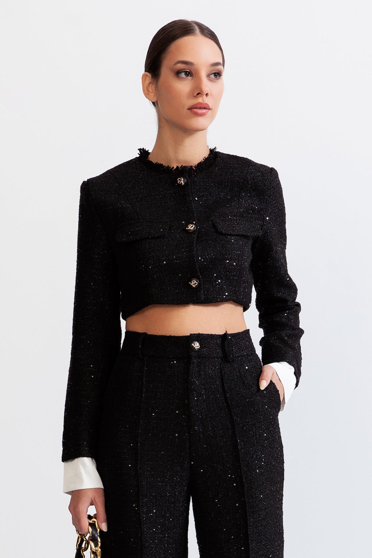 LEONORA Long Sleeve Tweed Co-Ord with Sequin Details - Black
