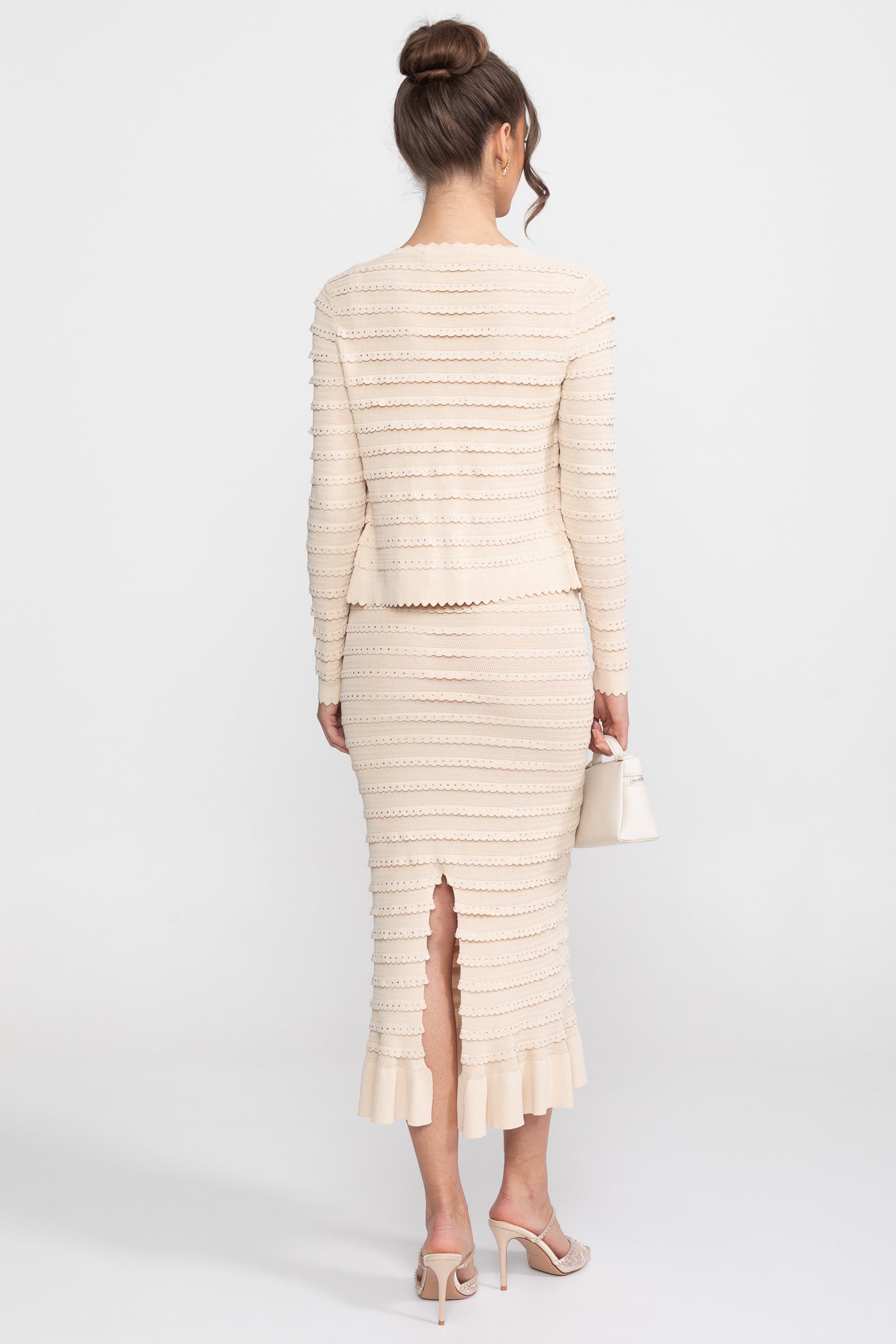 Textured Knit 3 Piece Set With Blazer, Top And Midi Skirt - Beige