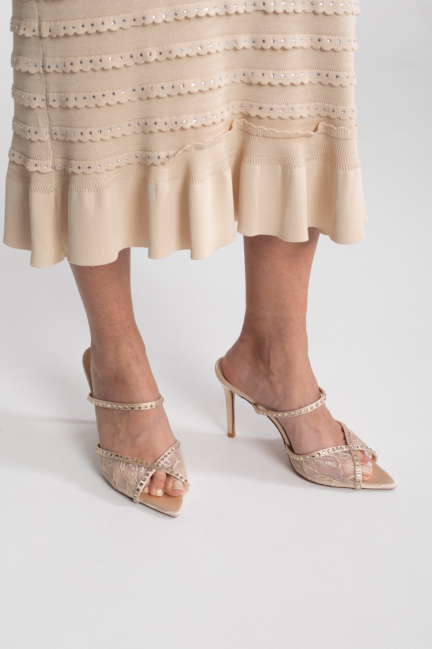 Crystal-Strap Lace Pointed-Toe Mules - Beige