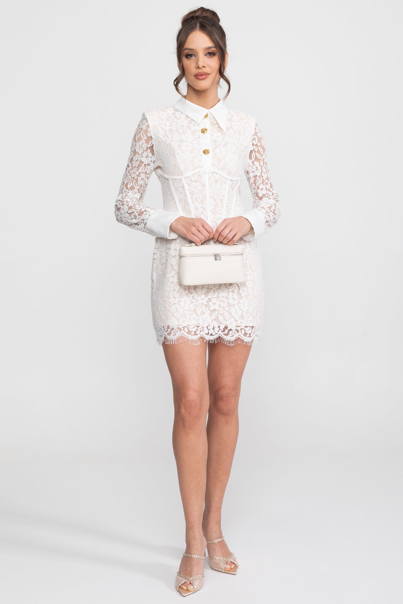 Long Sleeved Lace Mini Dress With Scallop Hem - White