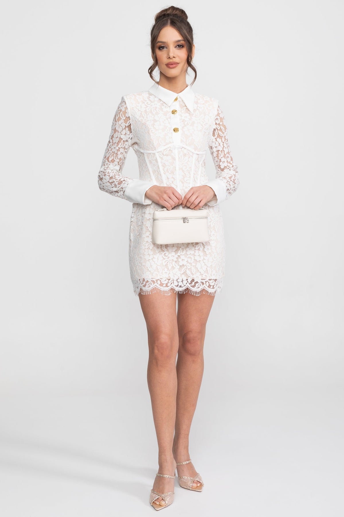 Long Sleeved Lace Mini Dress With Scallop Hem - White