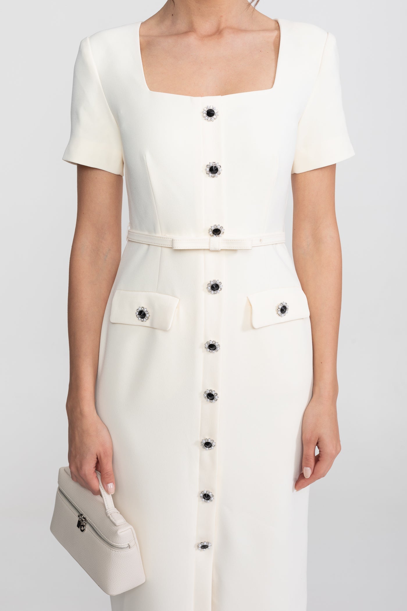 Square-Neck Button-Through Midi Dress With Jewel Buttons - White