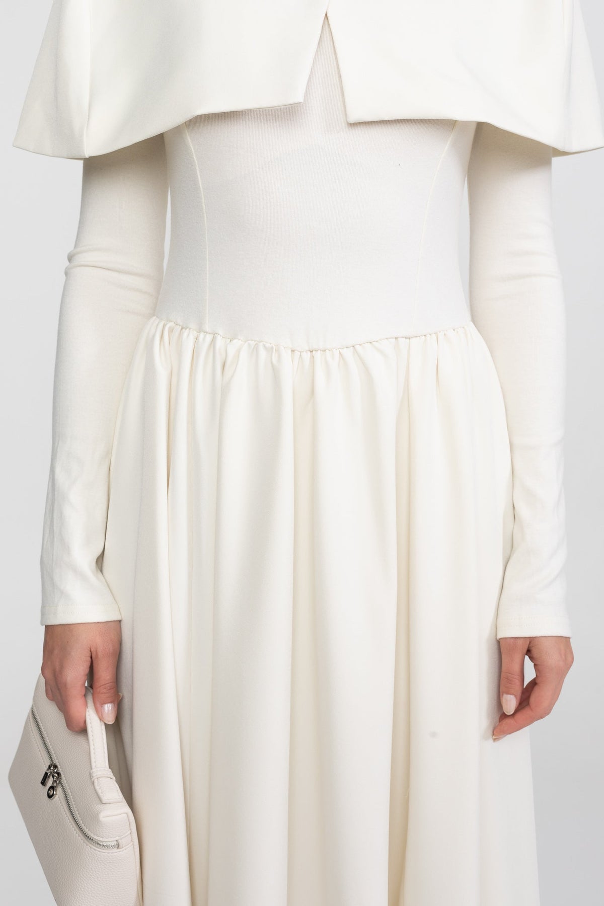 High-Neck Maxi Dress With Attached Capelet And Long Sleeves - White