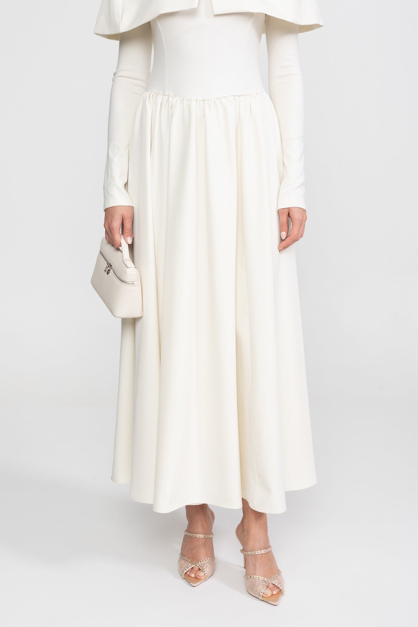 High-Neck Maxi Dress With Attached Capelet And Long Sleeves - White