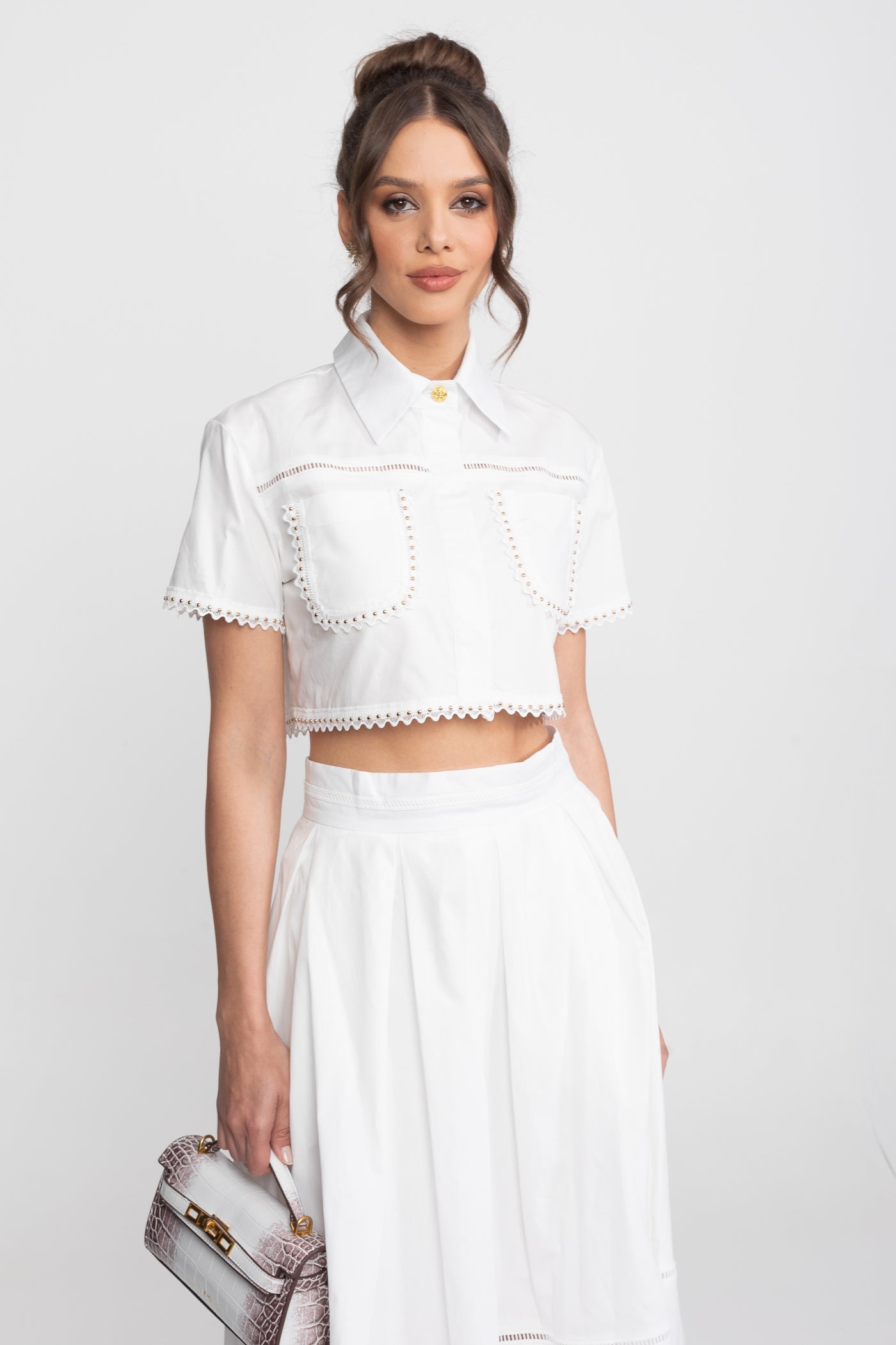 Broderie-Trim Cropped Shirt And Midi Skirt Co-Ord Set - White