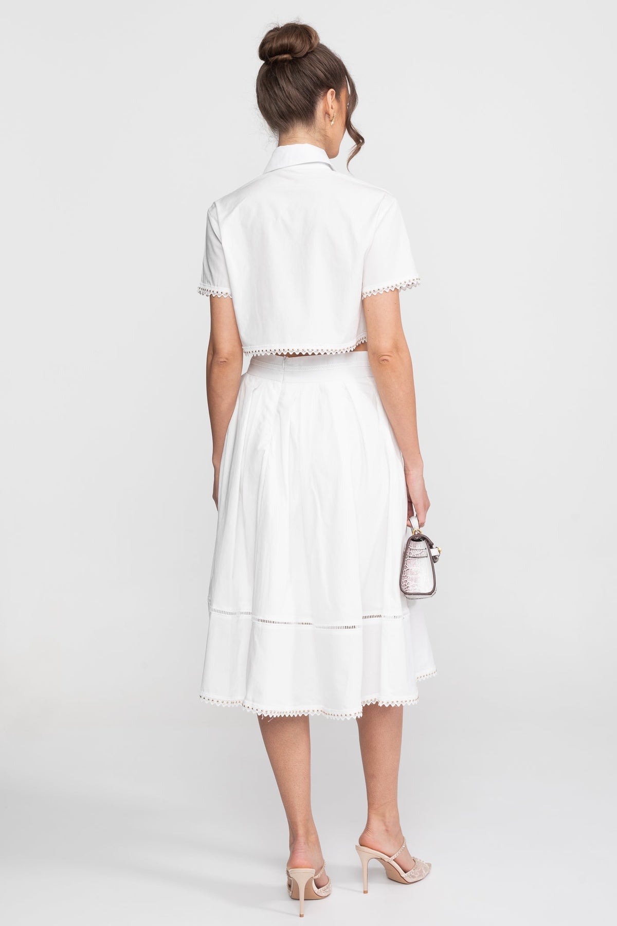 Broderie-Trim Cropped Shirt And Midi Skirt Co-Ord Set - White