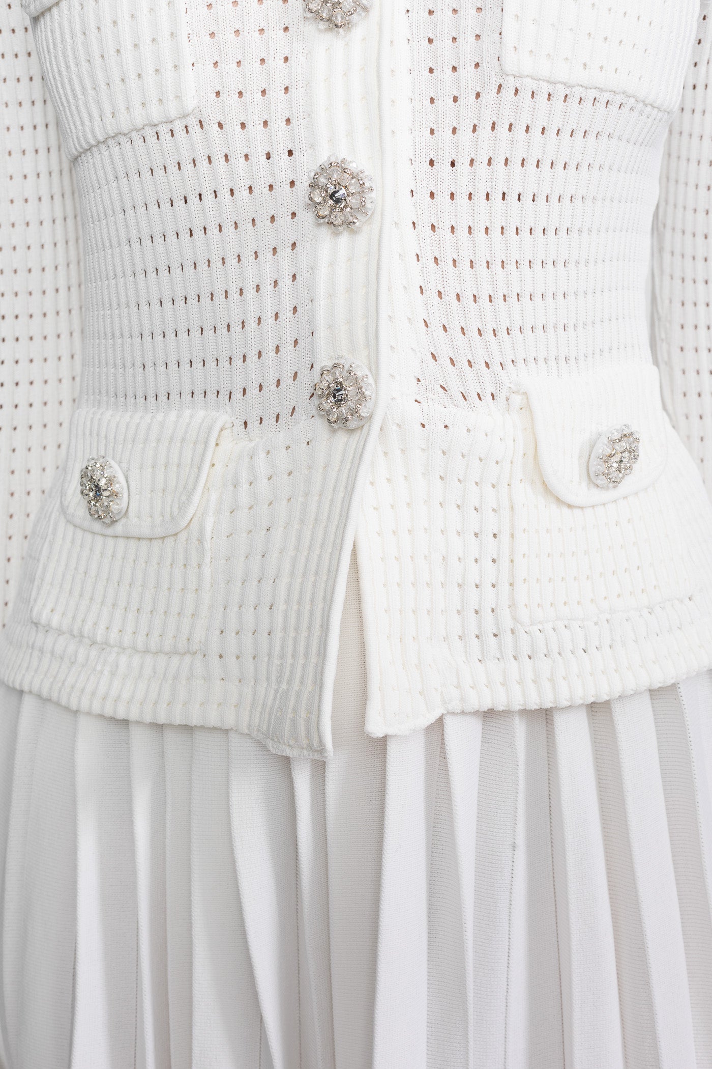 Open-Knit Dress with Pleated Midi Skirt - White