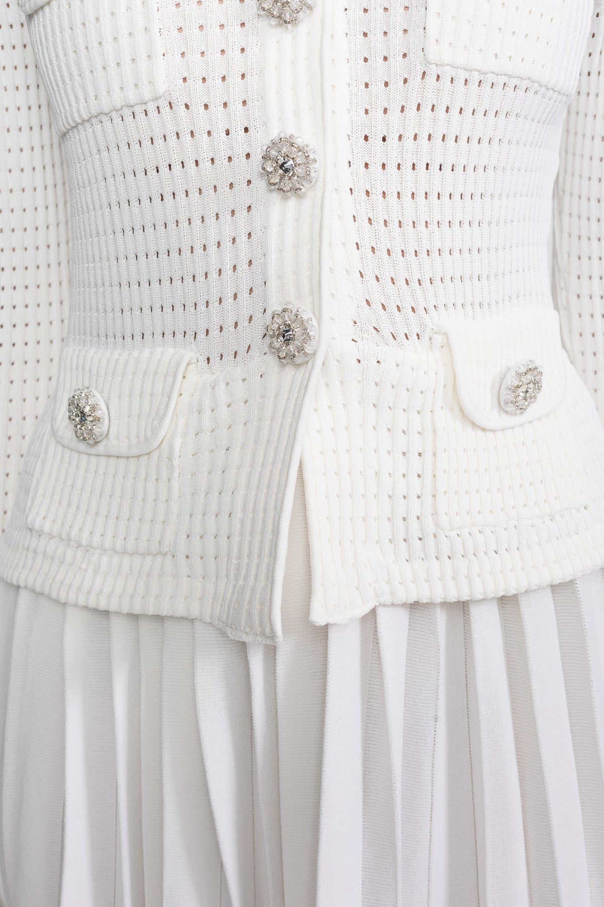 Isolde White Open-Knit Dress with Pleated Midi Skirt