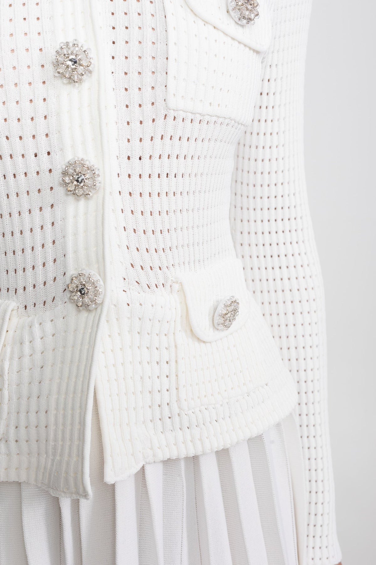 Isolde White Open-Knit Dress with Pleated Midi Skirt