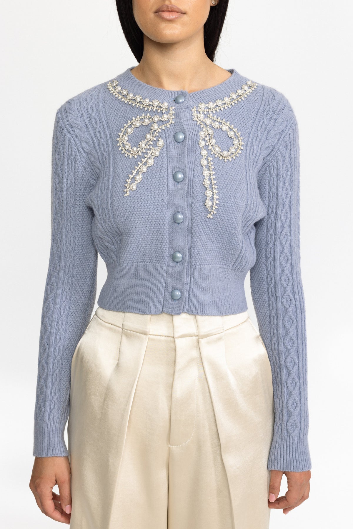 Ottilie Blue Pearl Bow Embellished Cable Knit Cardigan