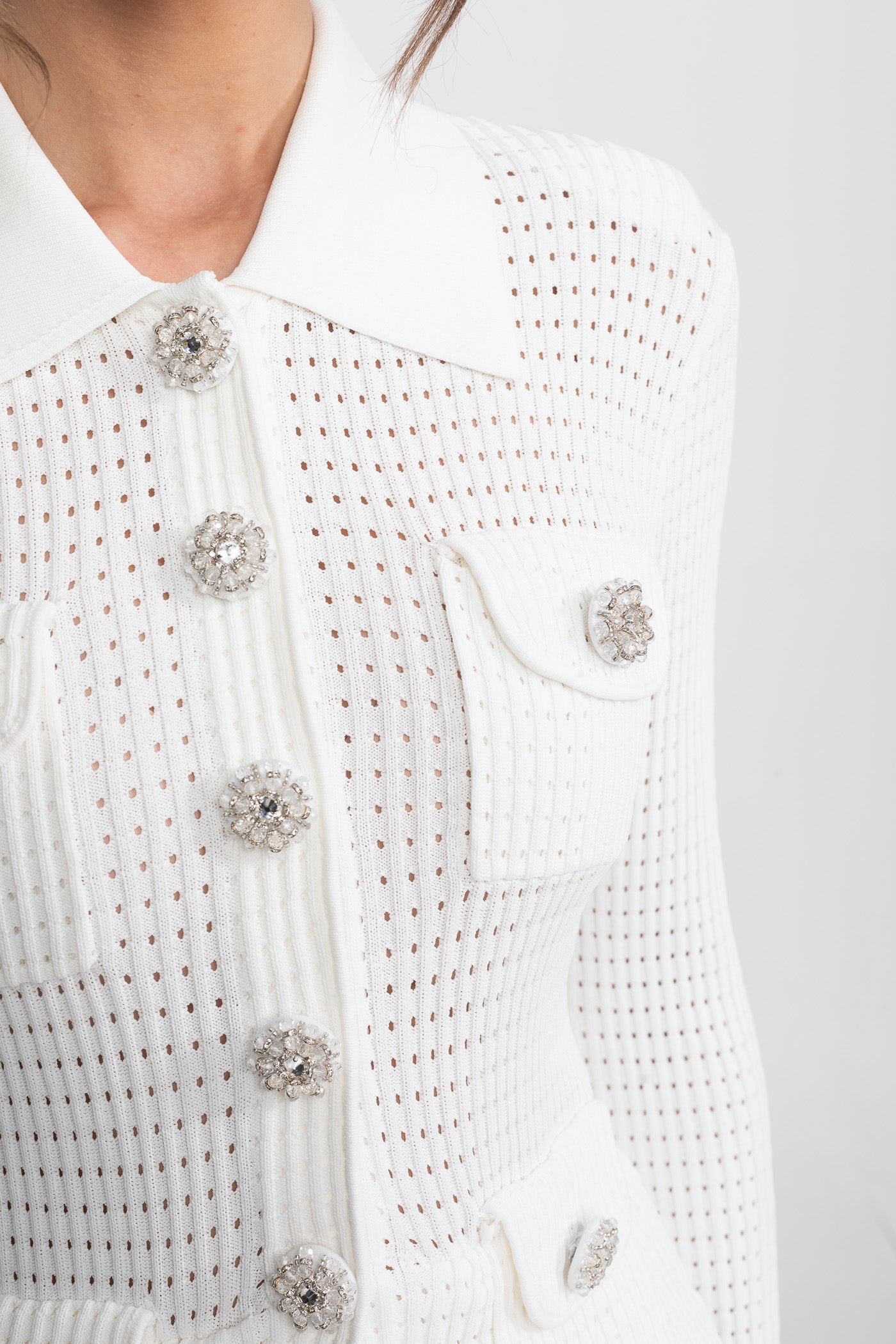 Open-Knit Dress with Pleated Midi Skirt - White