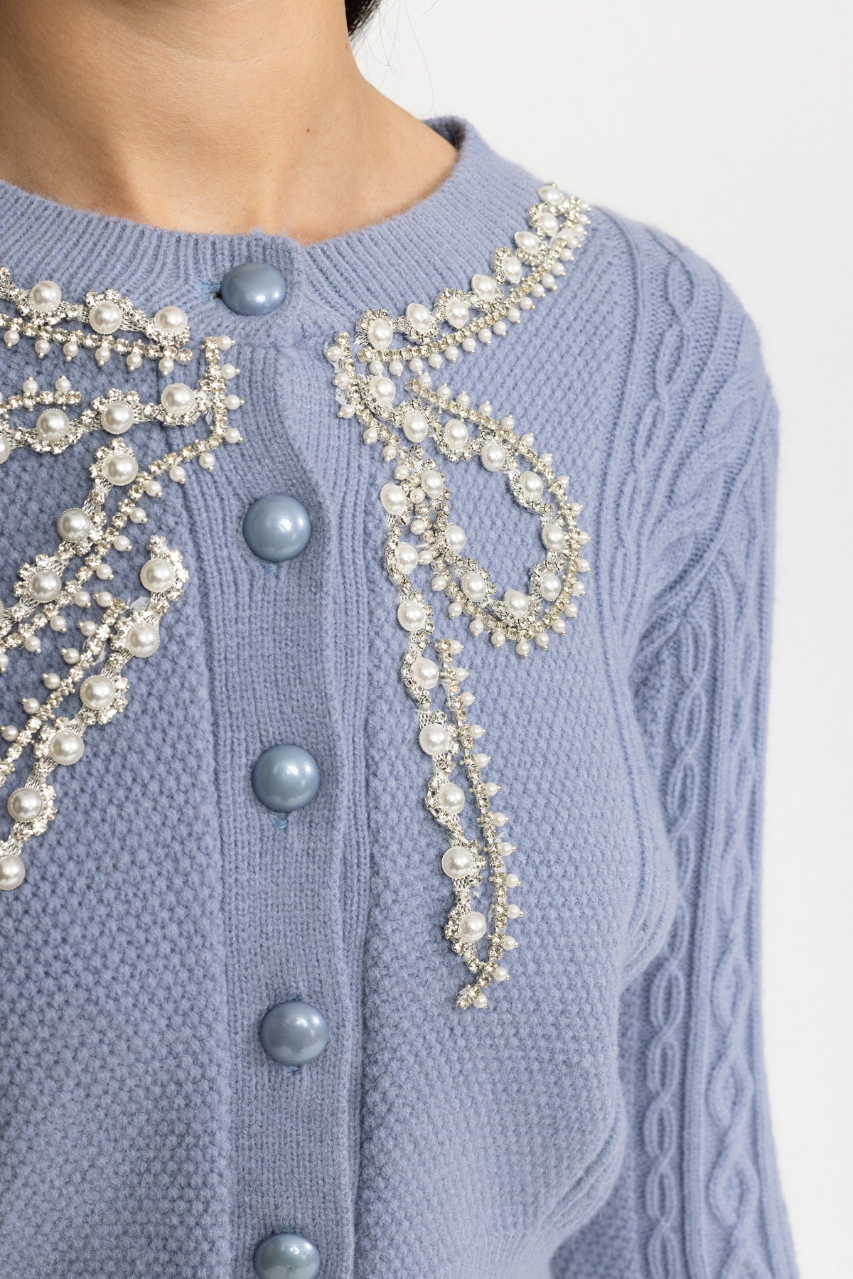 Ottilie Blue Pearl Bow Embellished Cable Knit Cardigan