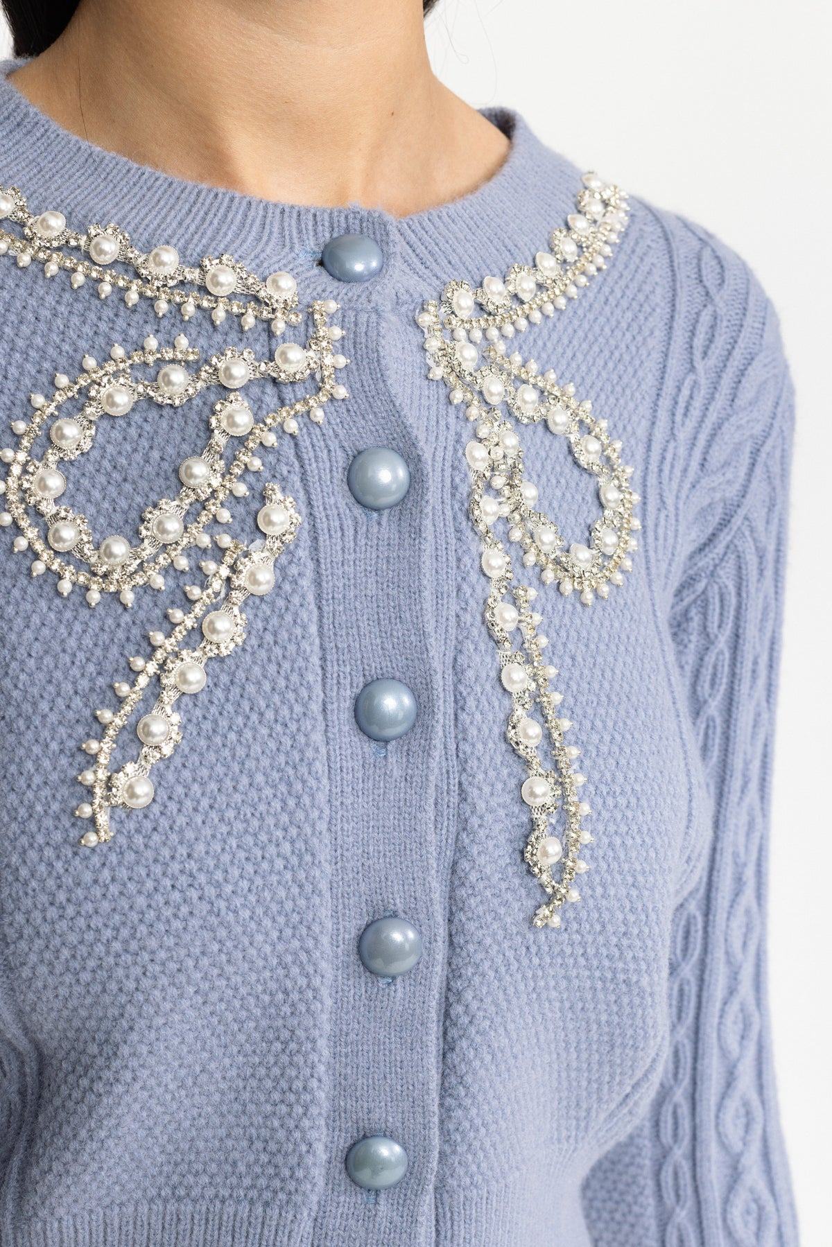 Ottilie Blue Pearl Bow Embellished Cable Knit Cardigan