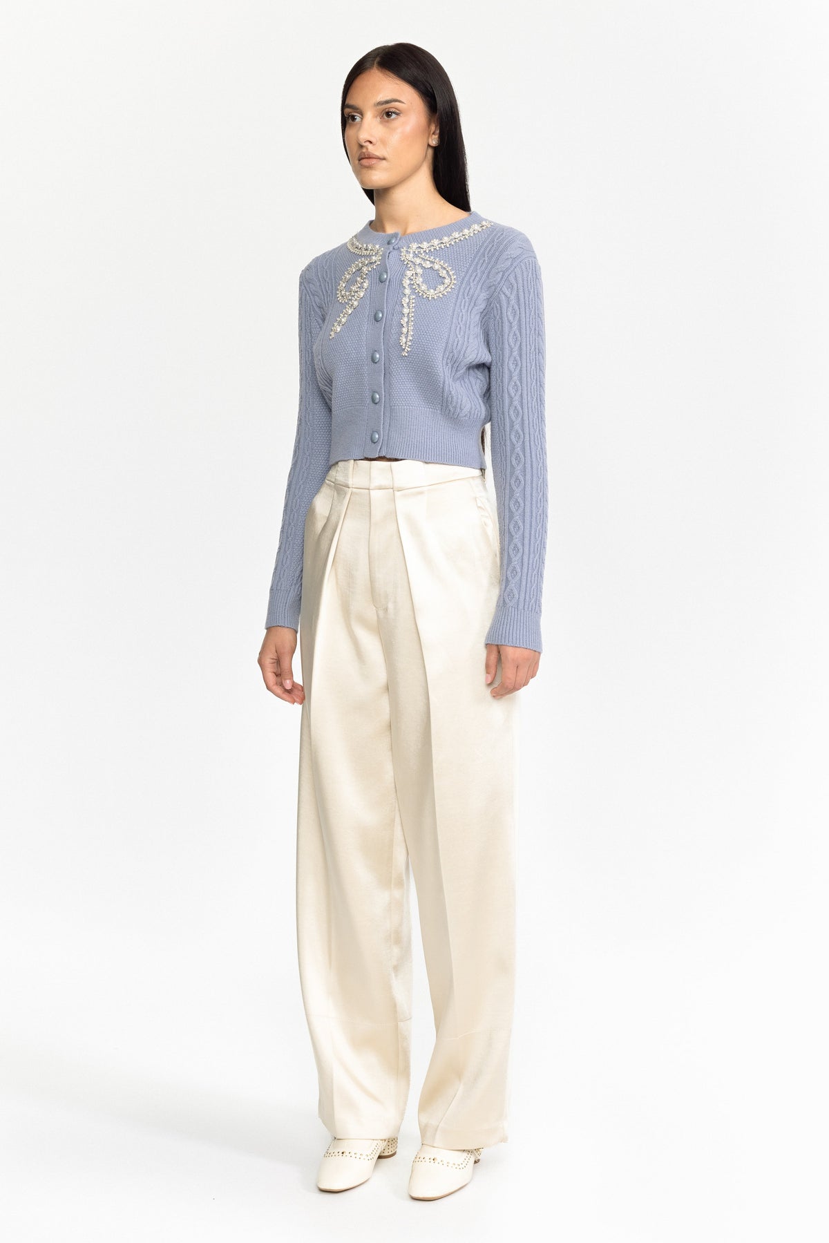 Ottilie Blue Pearl Bow Embellished Cable Knit Cardigan