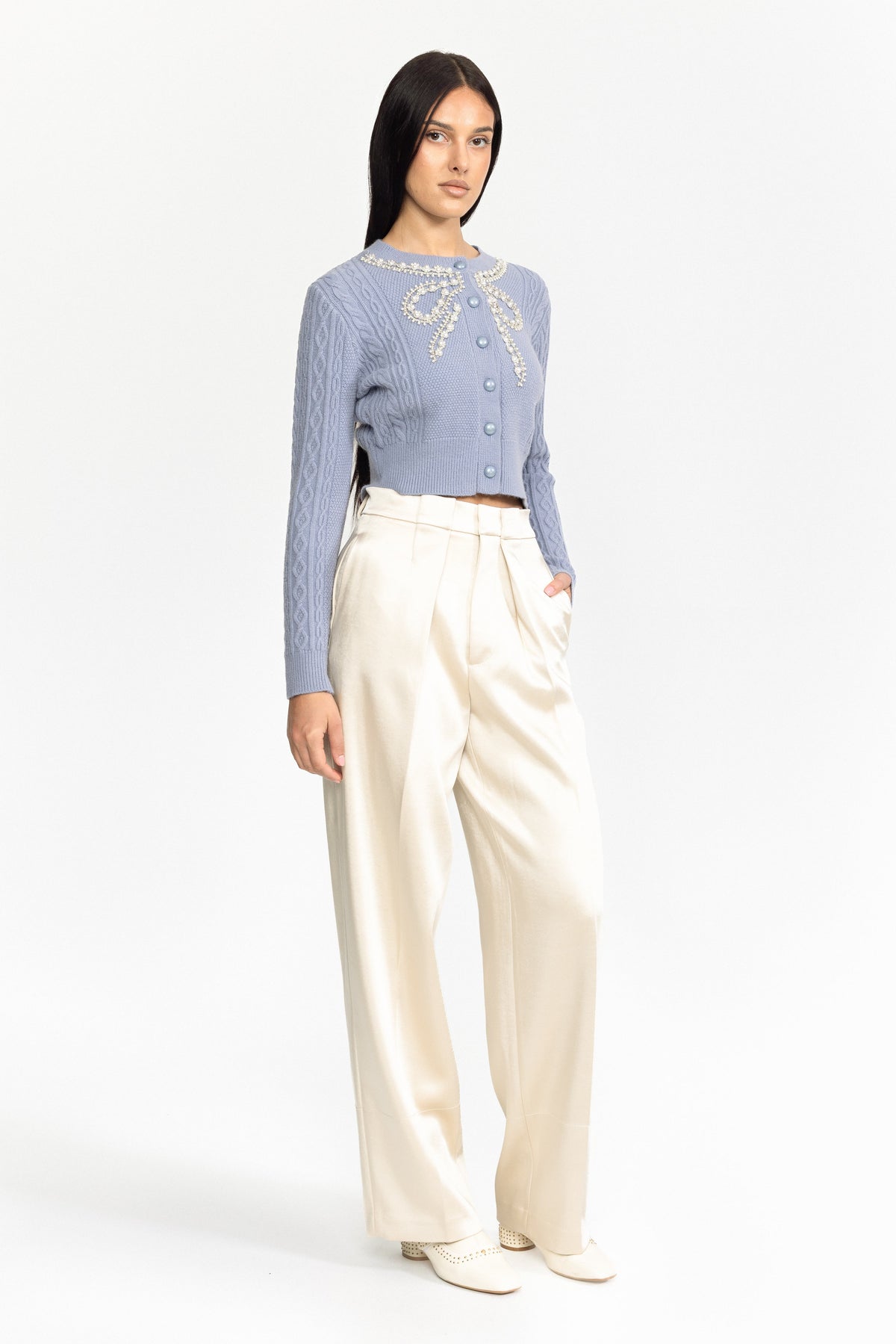 Ottilie Blue Pearl Bow Embellished Cable Knit Cardigan