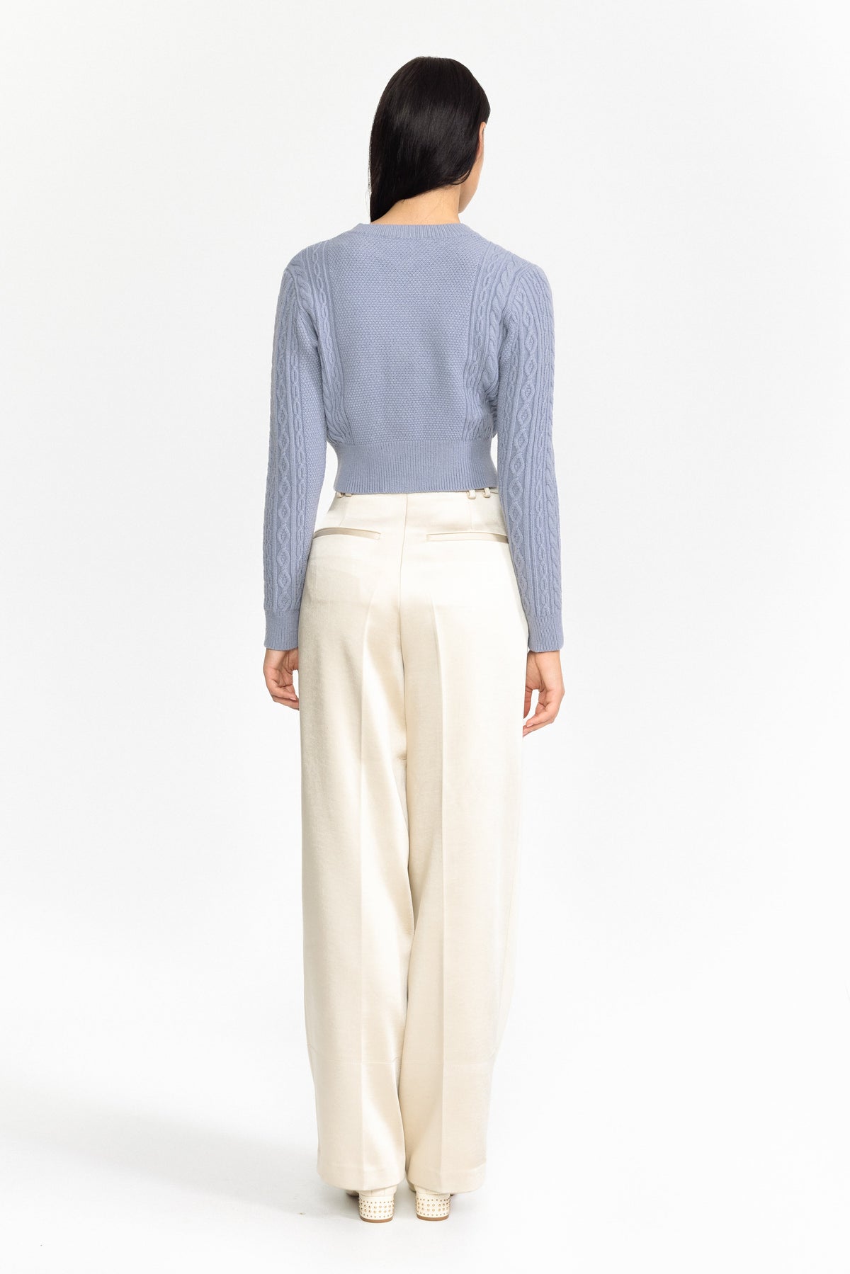 Ottilie Blue Pearl Bow Embellished Cable Knit Cardigan