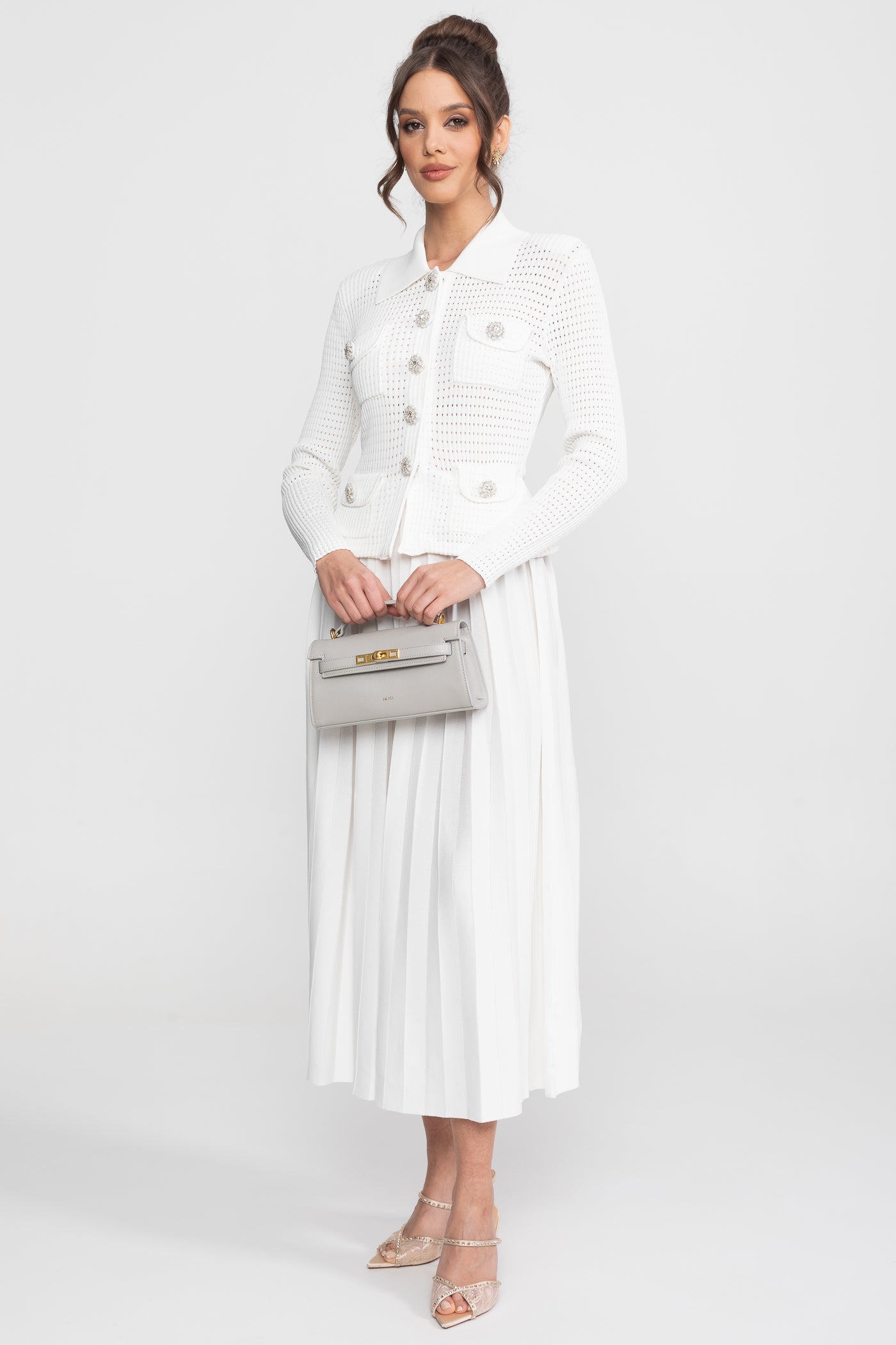 Open-Knit Dress with Pleated Midi Skirt - White