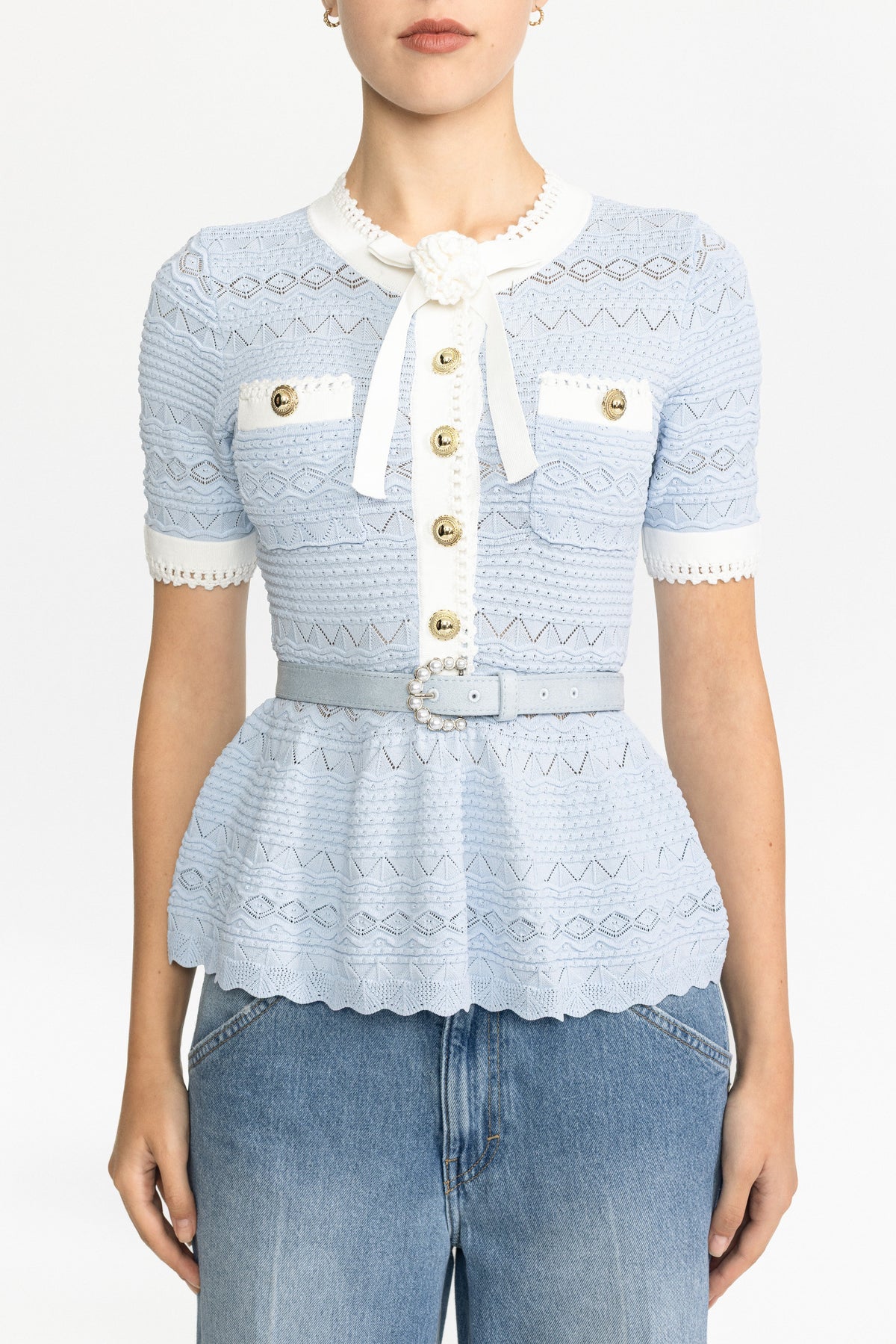 Aimée Light Blue Pointelle Knit Bow Peplum Top