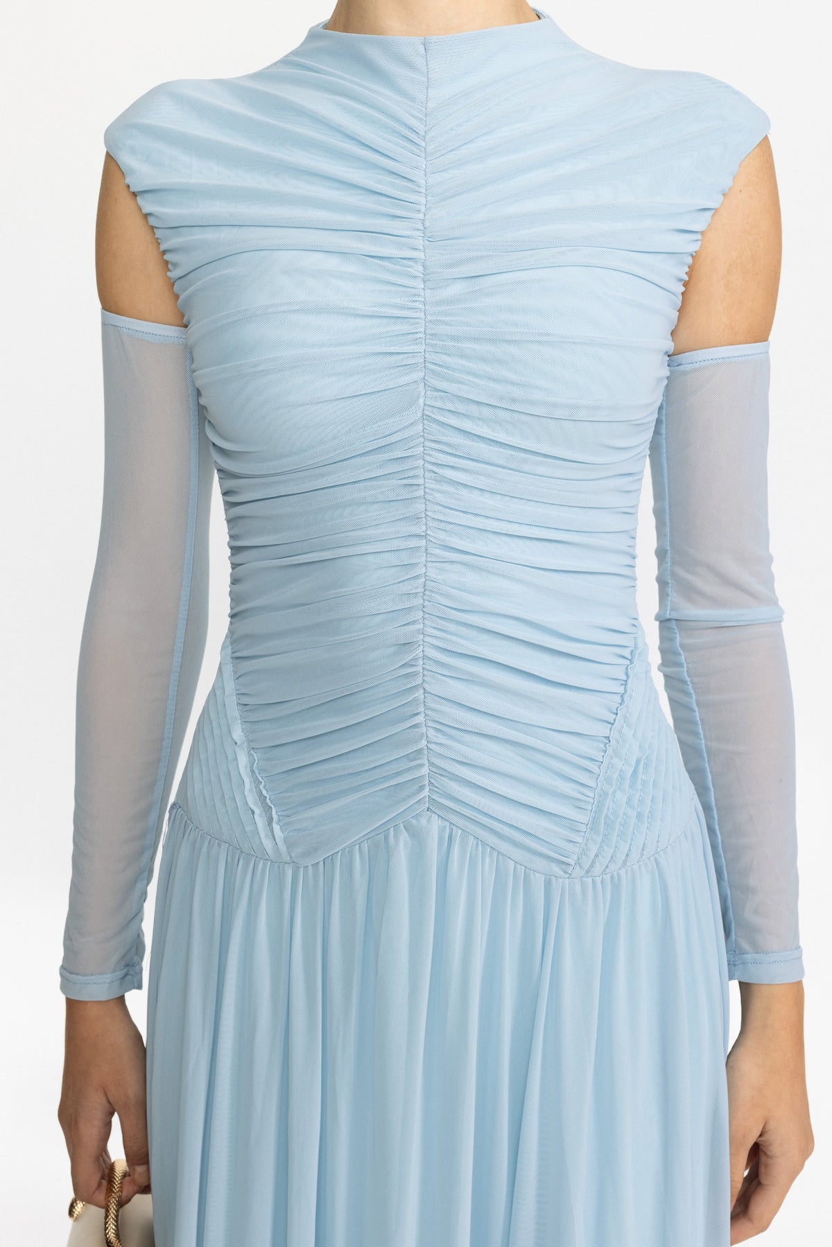 Isolde Sky Blue Ruched Mesh Drop Waist Maxi Dress