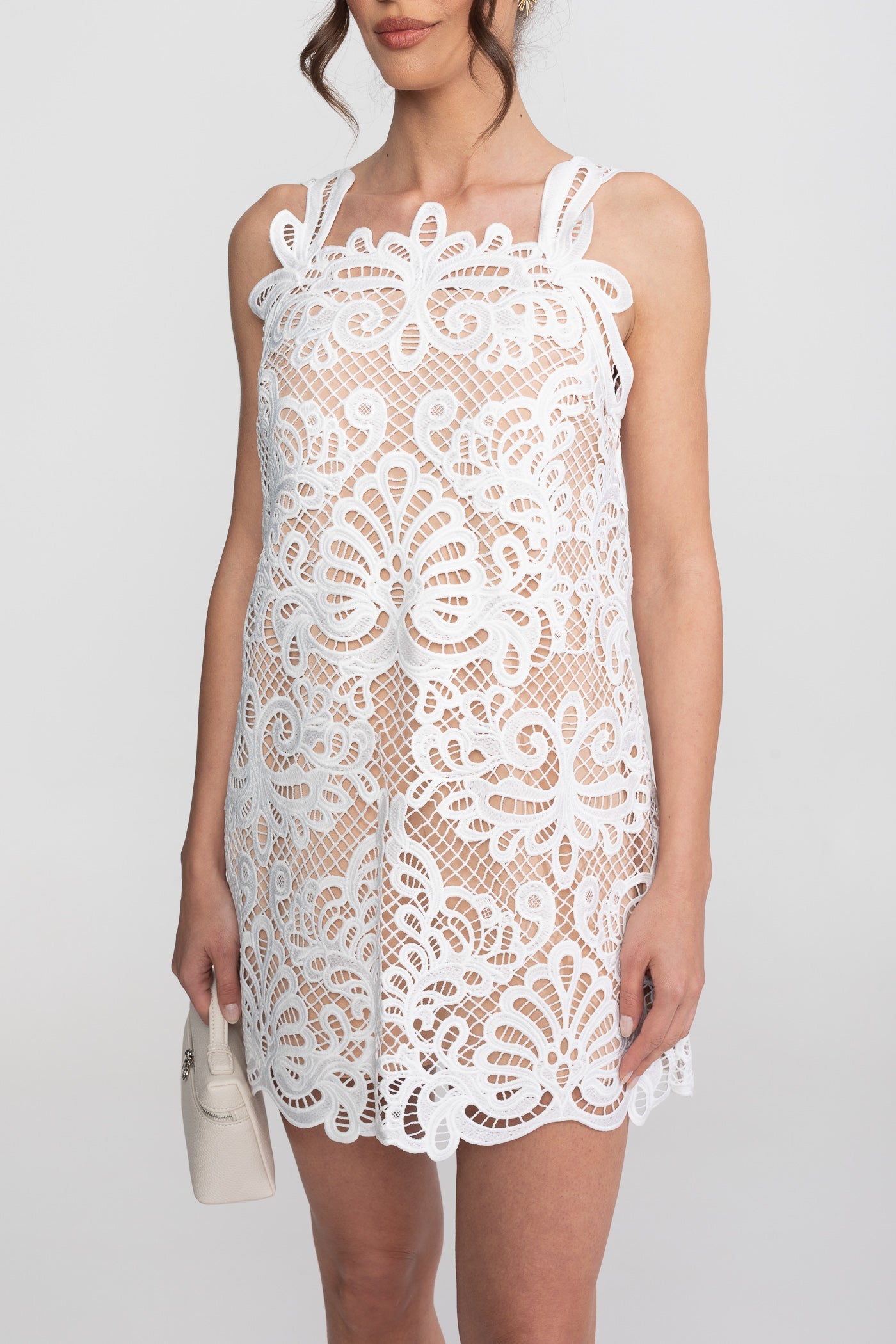 Guipure Lace Sleeveless Mini Dress With Scallop Hem - White