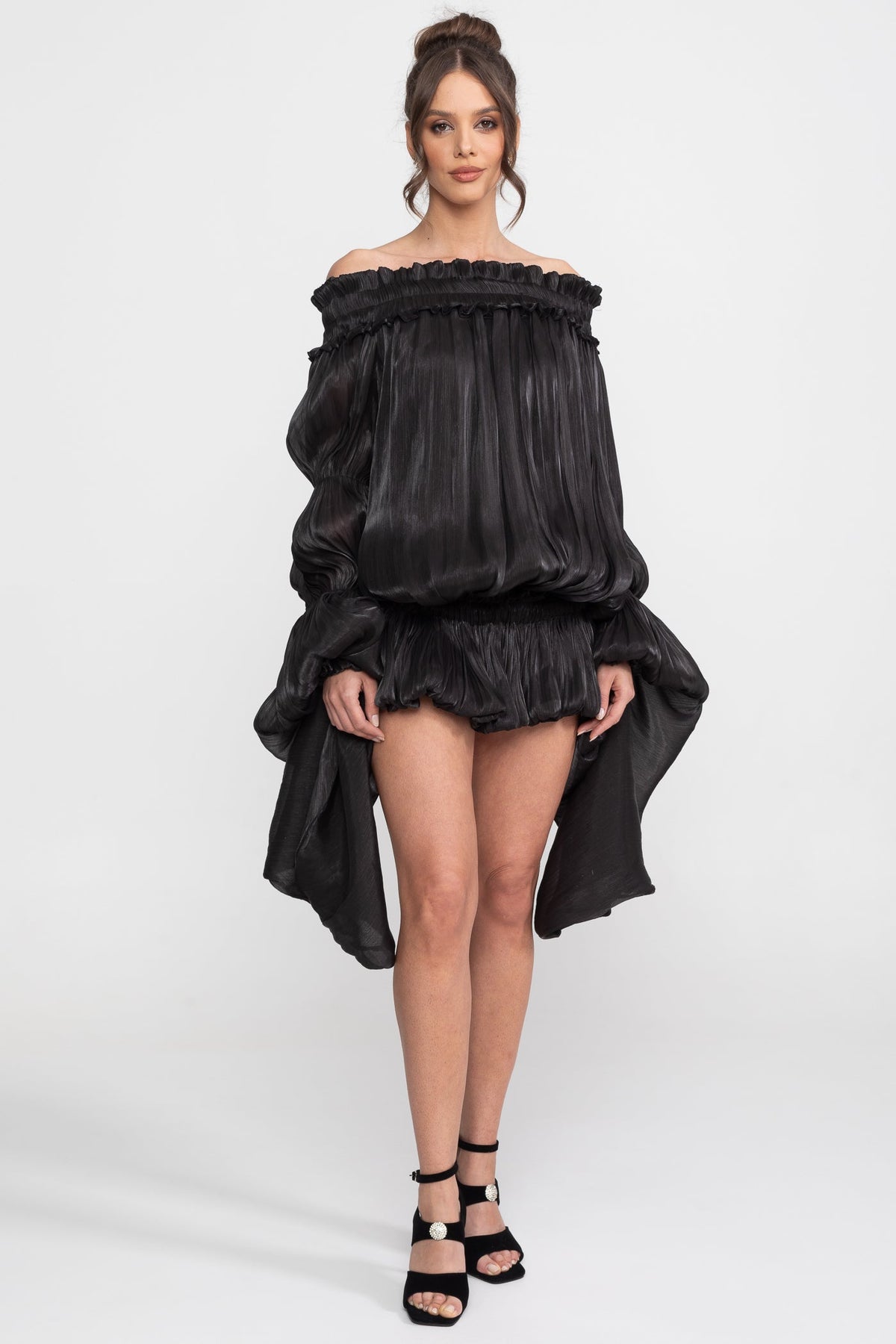 Off-Shoulder Ruffle Mini Dress With Draped Sleeves - Black