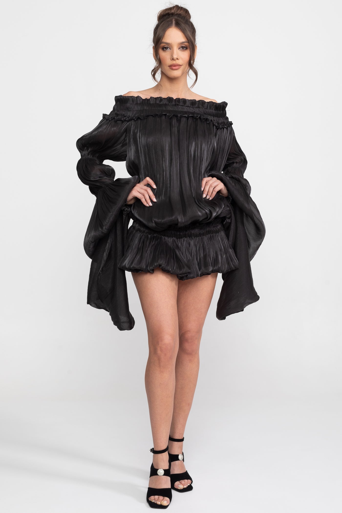 Off-Shoulder Ruffle Mini Dress With Draped Sleeves - Black