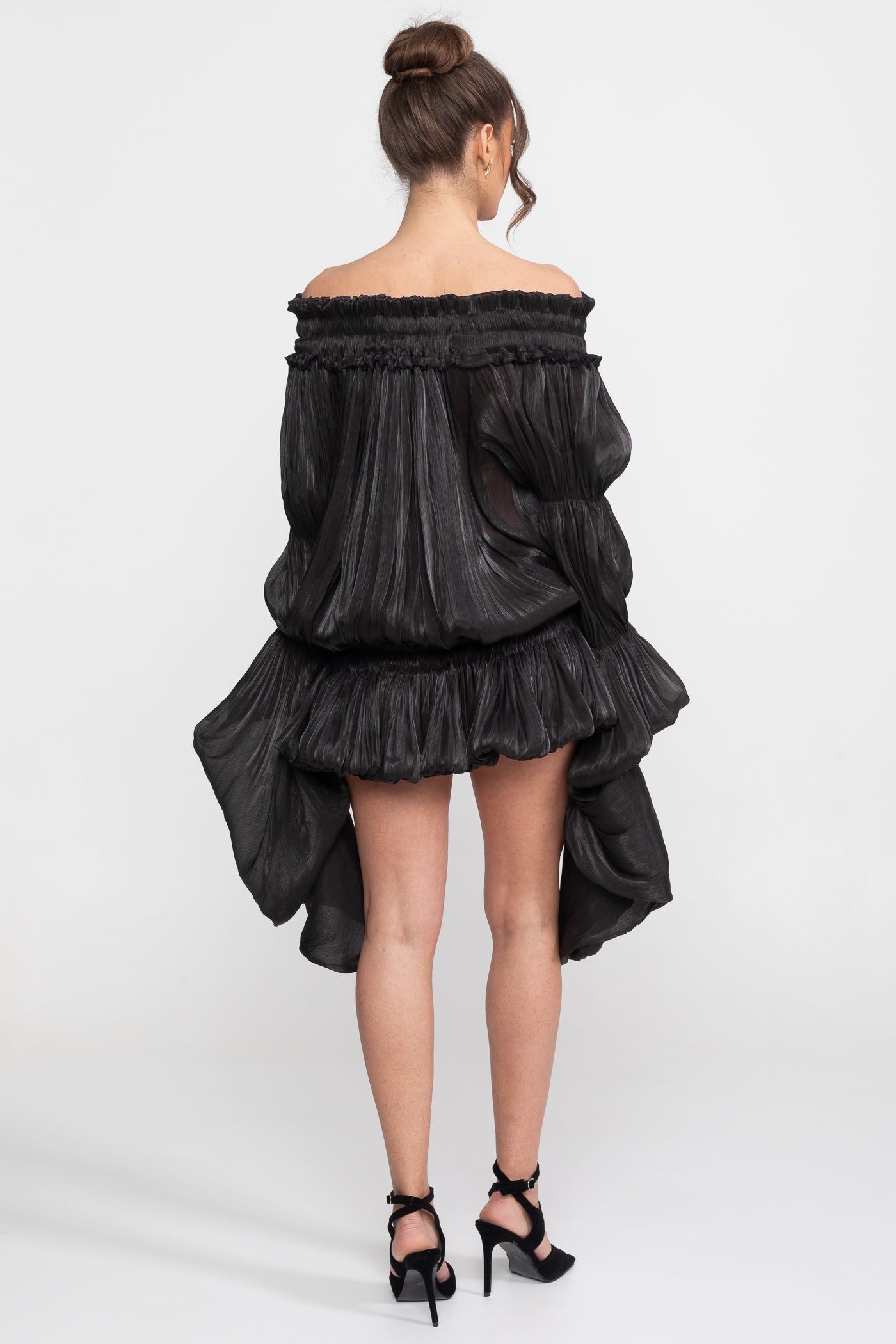 Off-Shoulder Ruffle Mini Dress With Draped Sleeves - Black