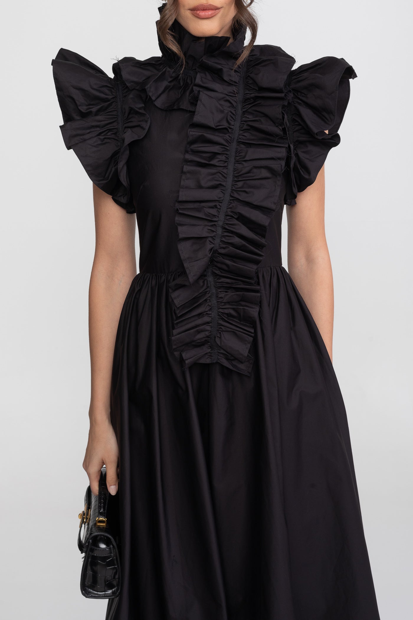 High-Neck Maxi Dress With Dramatic Ruffle Bib Front - Black