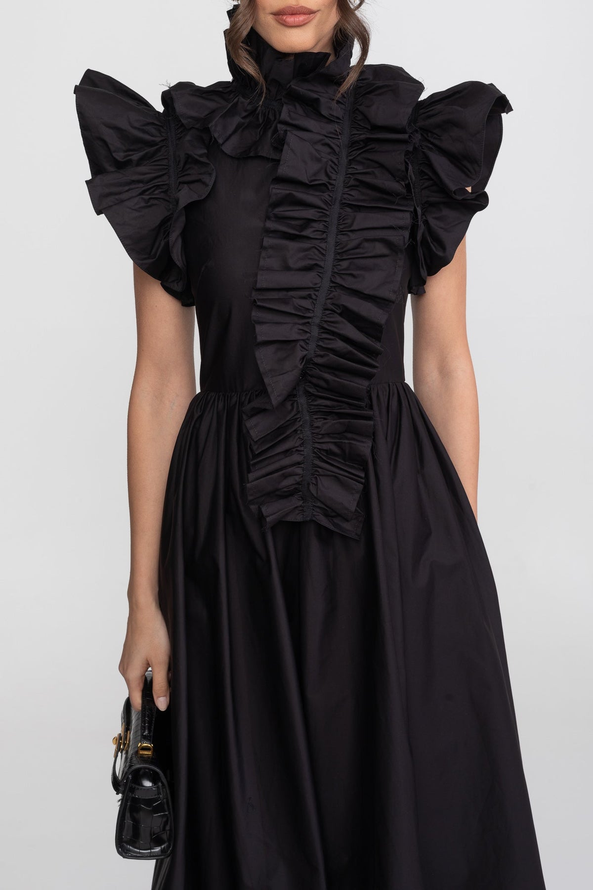 High-Neck Maxi Dress With Dramatic Ruffle Bib Front - Black