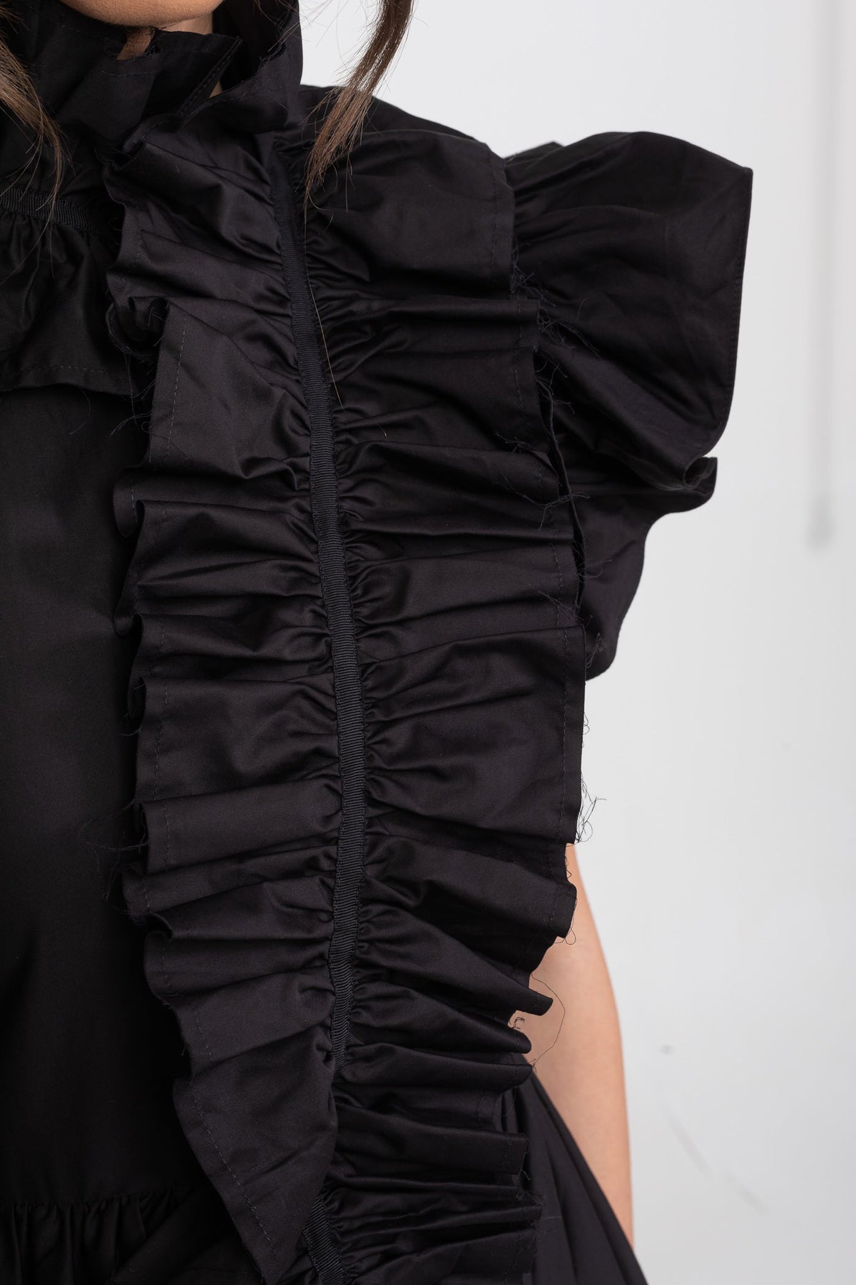 High-Neck Maxi Dress With Dramatic Ruffle Bib Front - Black