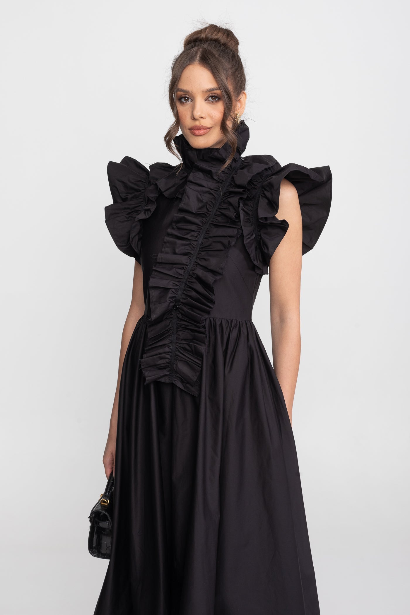 High-Neck Maxi Dress With Dramatic Ruffle Bib Front - Black