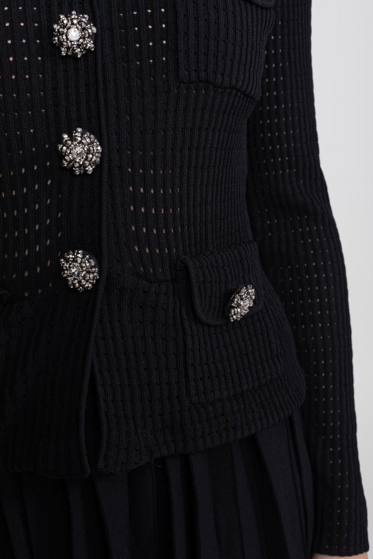Isolde Black Open-Knit Dress with Pleated Midi Skirt