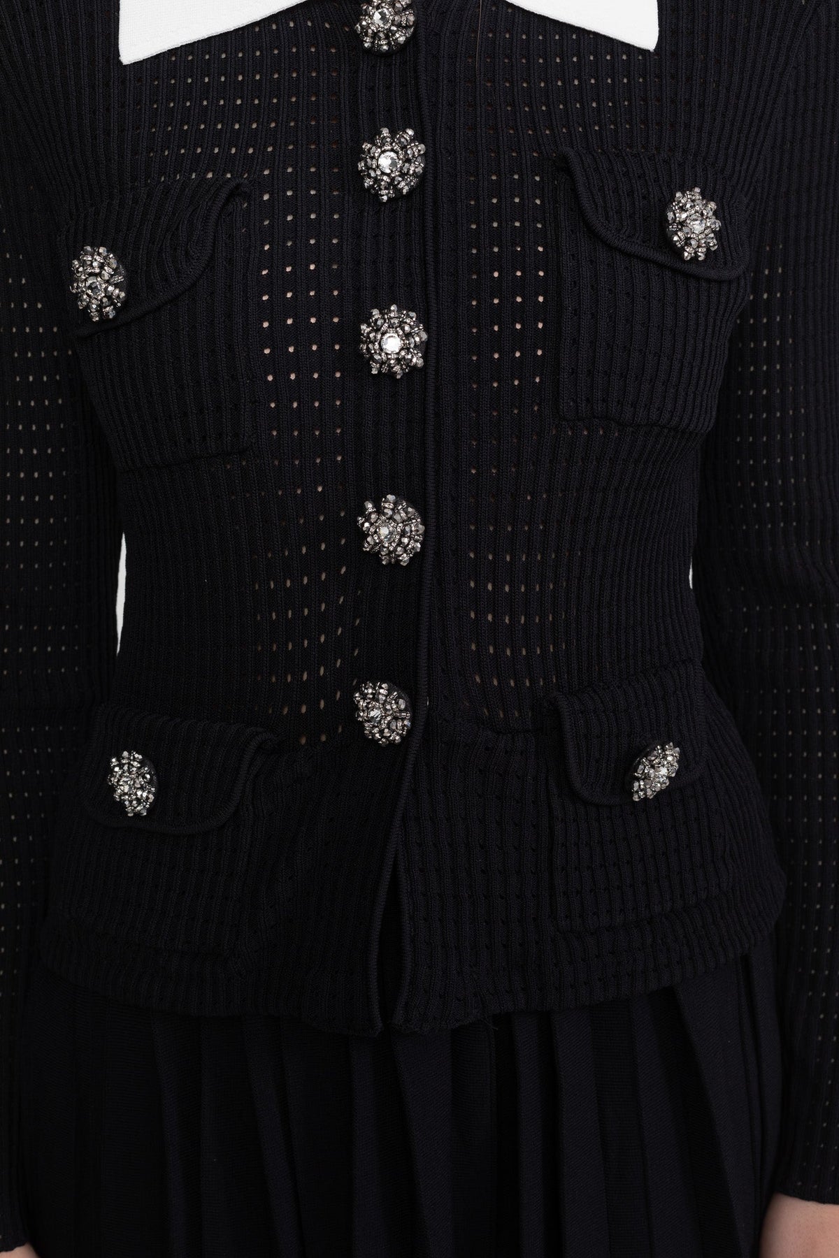 Isolde Black Open-Knit Dress with Pleated Midi Skirt