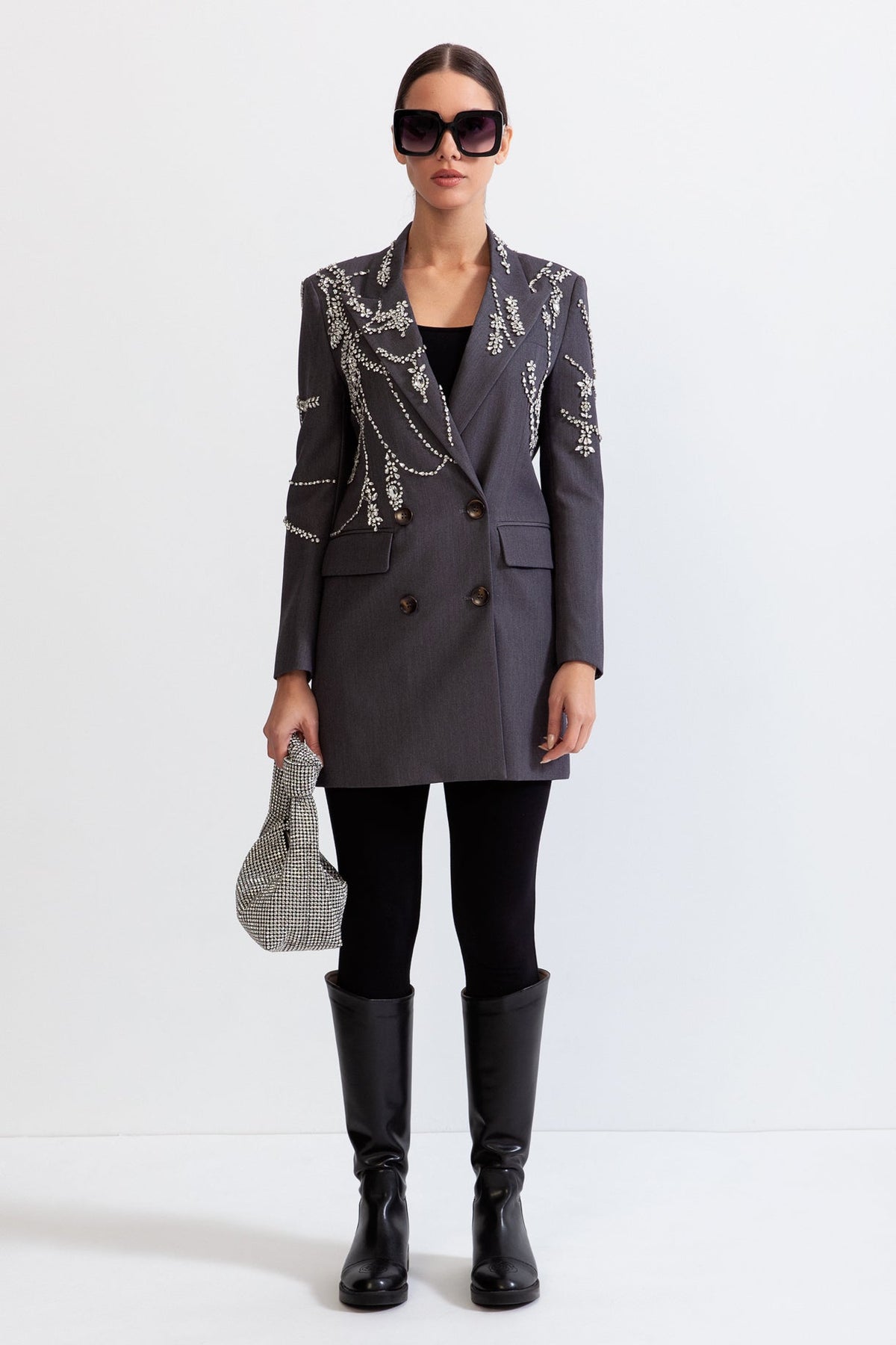 ELARA Double Breasted Long Blazer with Jewels - Grey