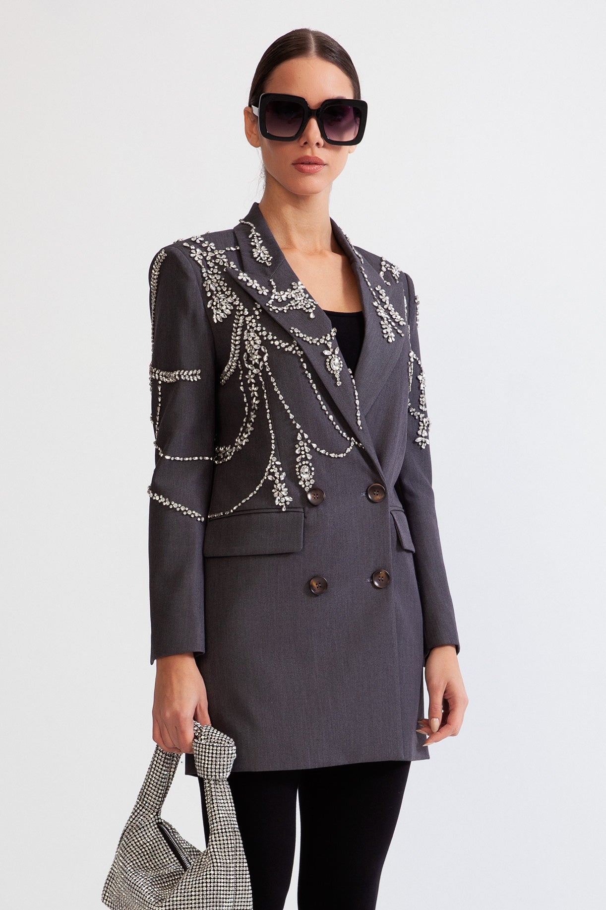ELARA Double Breasted Long Blazer with Jewels - Grey