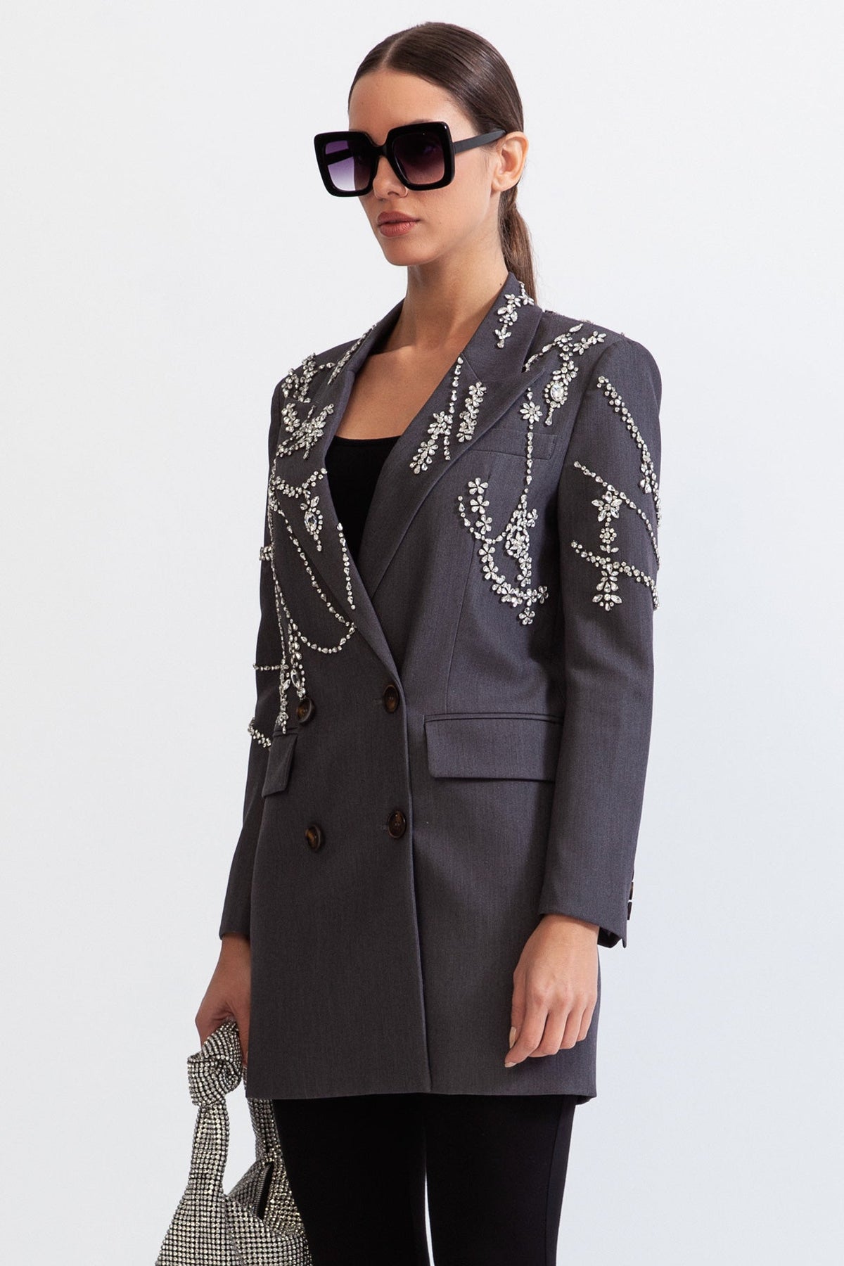 Double Breasted Long Blazer with Jewels - Grey