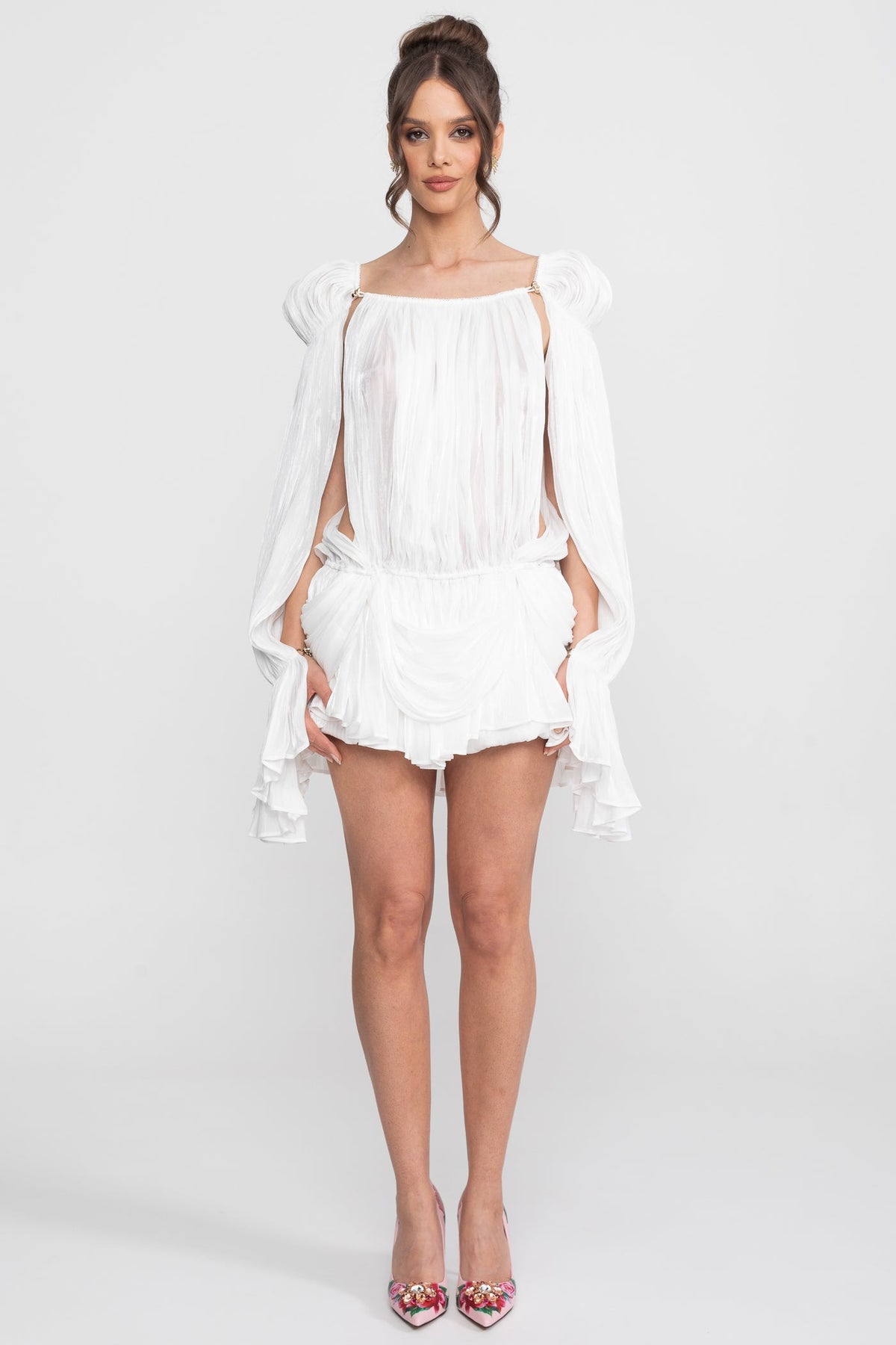 Sheer Draped Mini Dress With Cape Sleeves And Gold Clip Detail - White